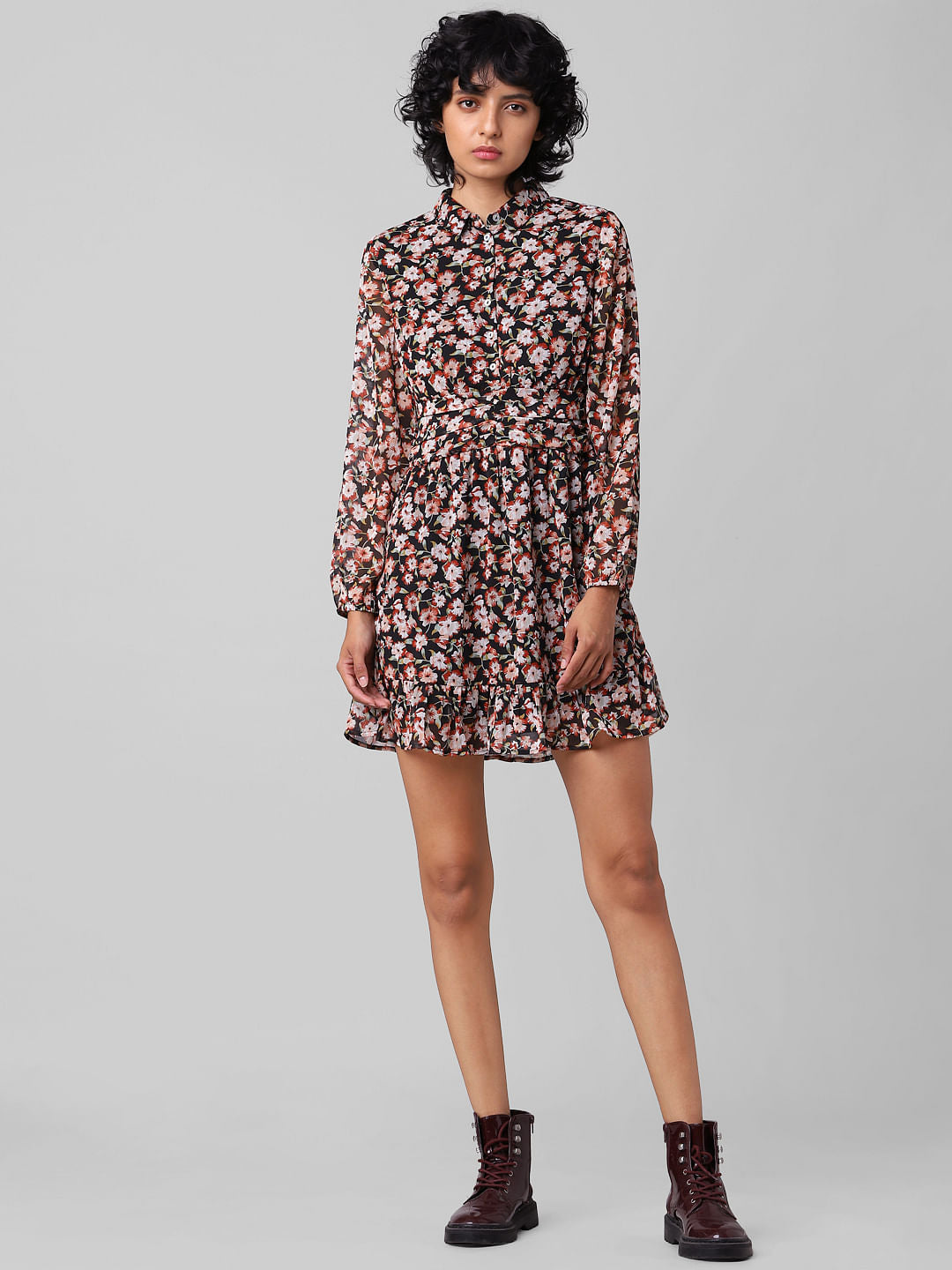 Orange Floral Sheer Shirt Dress
