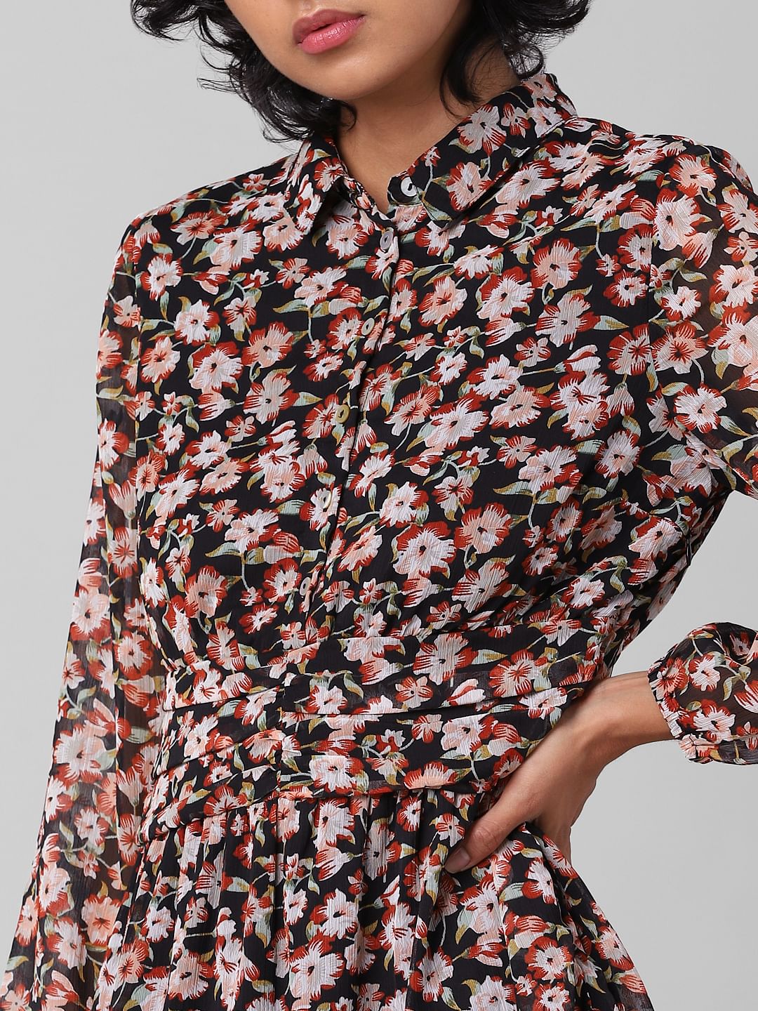 Orange Floral Sheer Shirt Dress