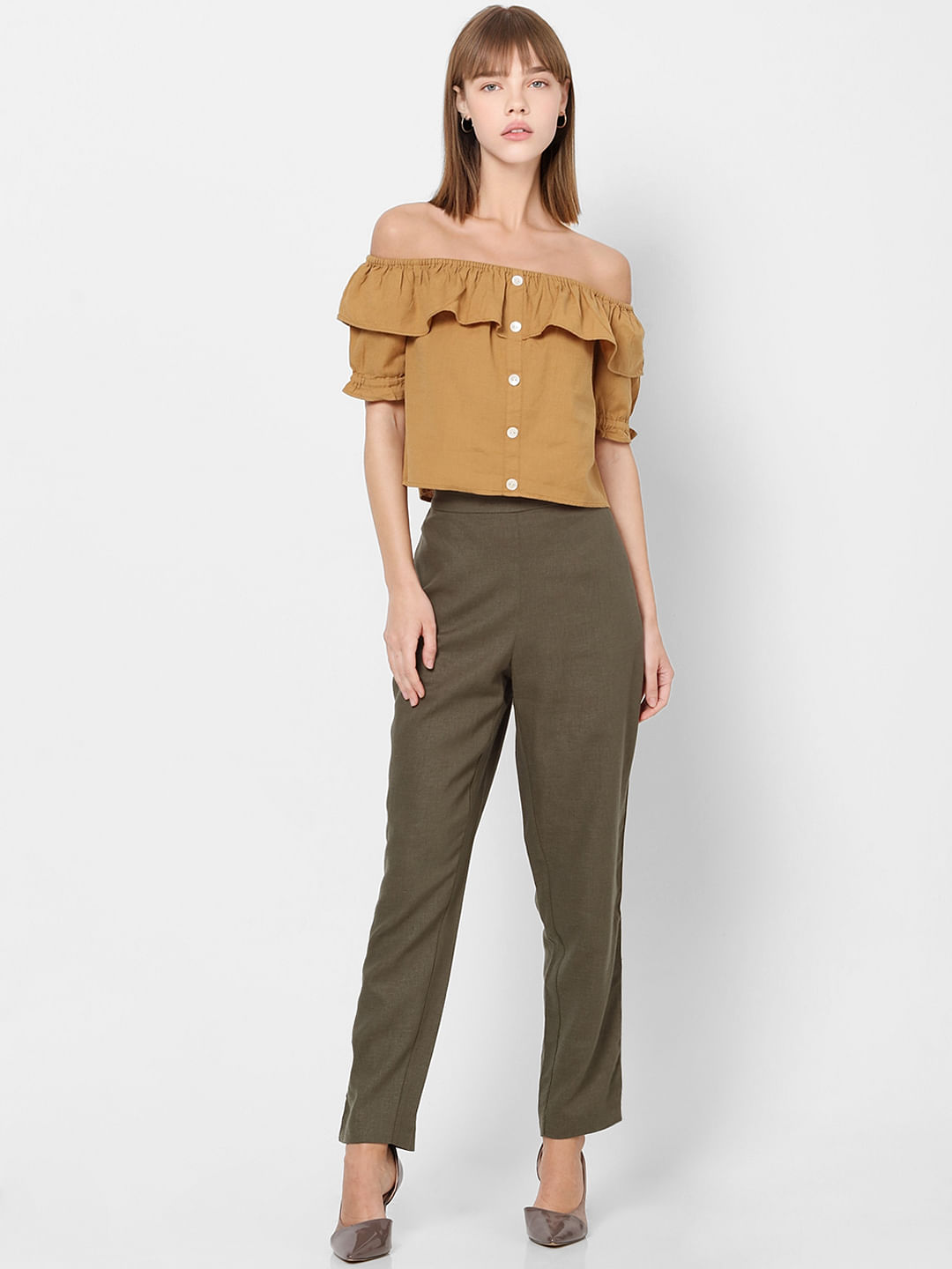 Green Mid Rise Tape Detail Linen Pants