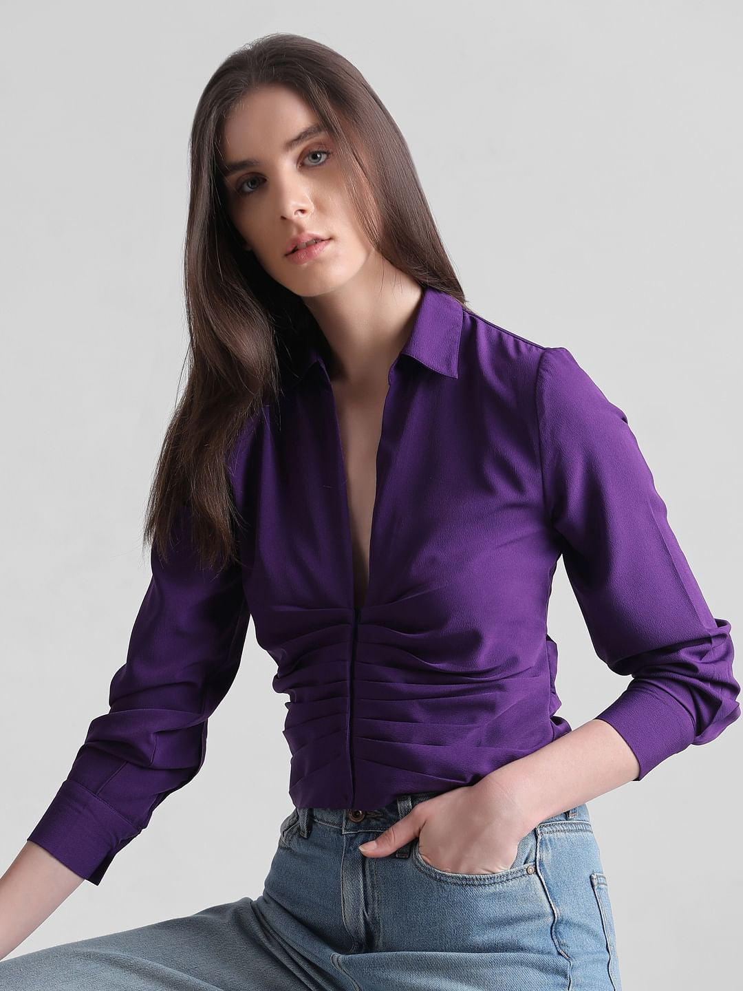 Purple Cropped Ruched Shirt