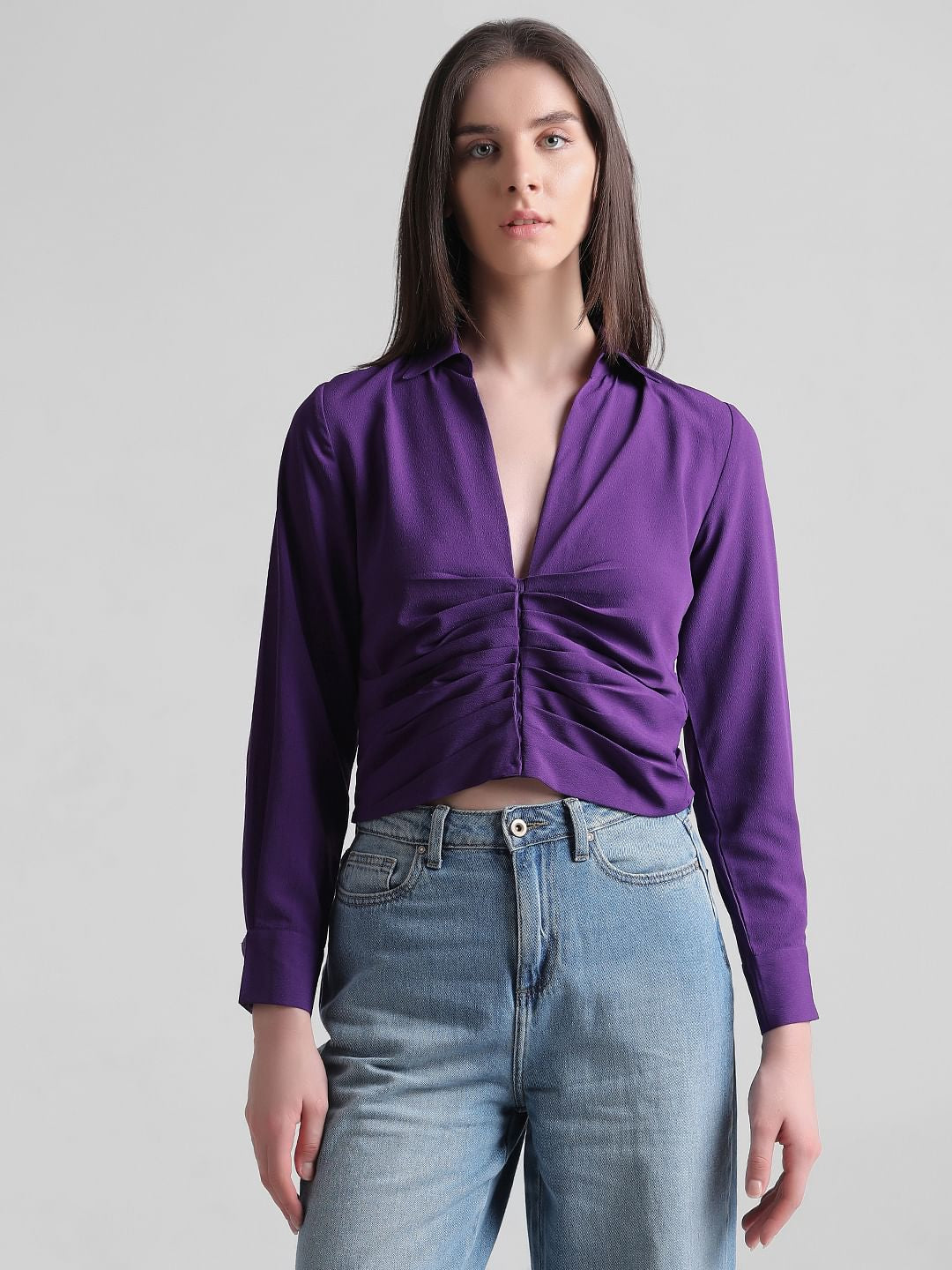 Purple Cropped Ruched Shirt