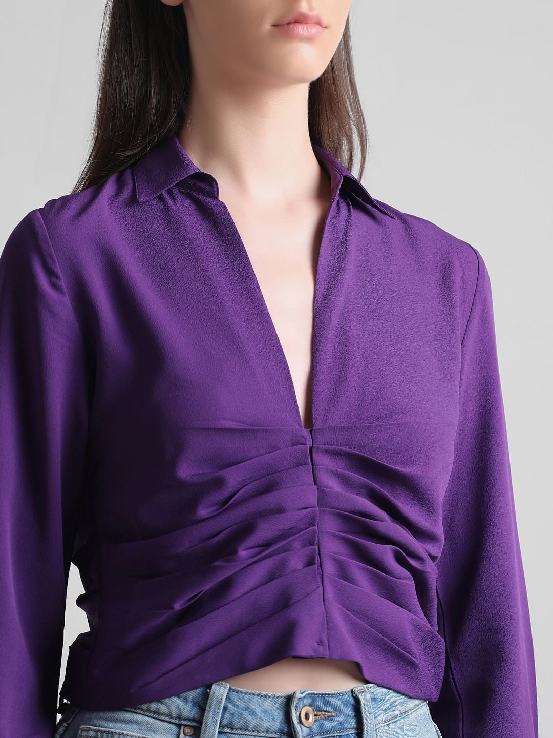 Purple Cropped Ruched Shirt