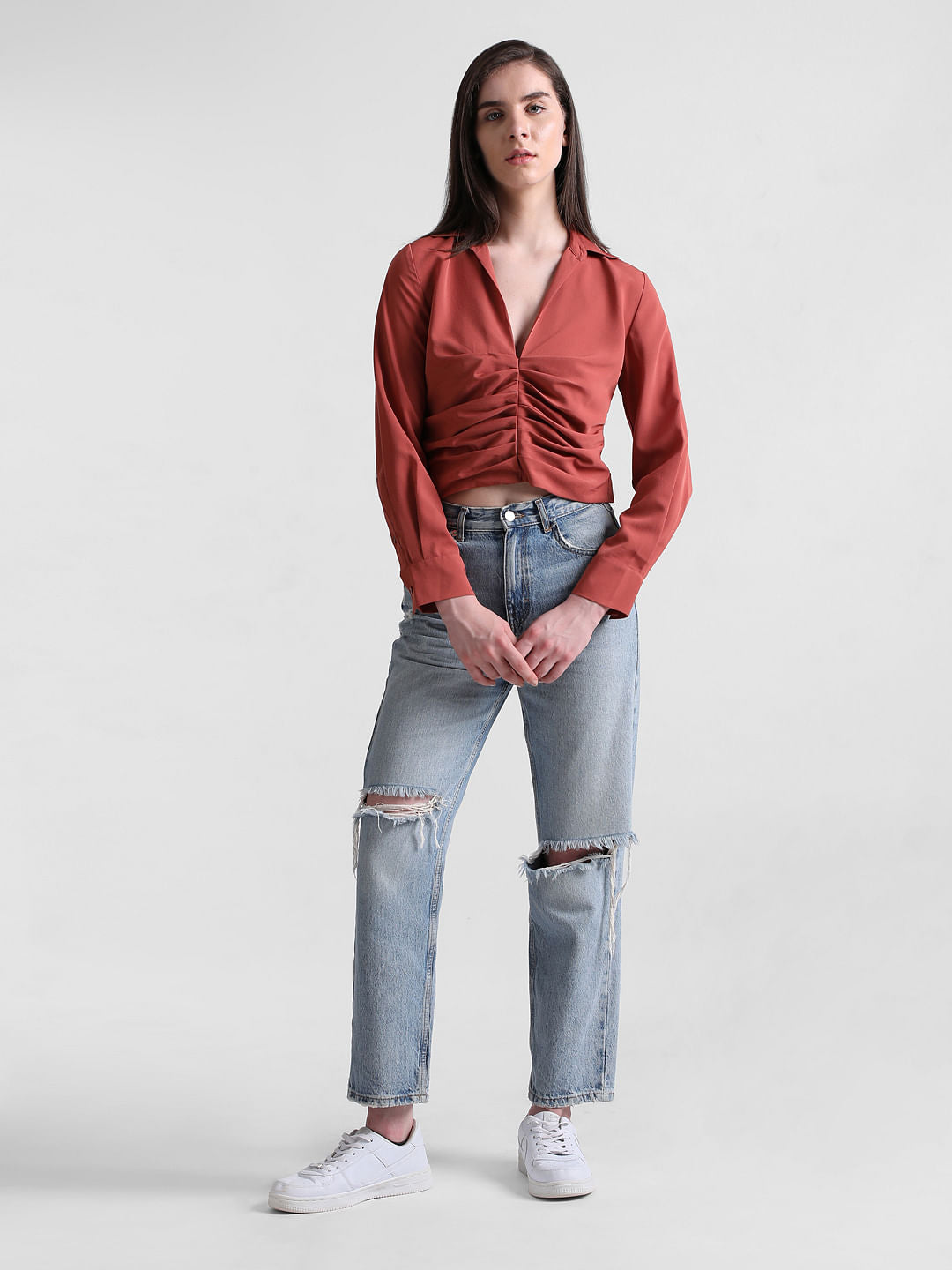 Brown Cropped Ruched Shirt