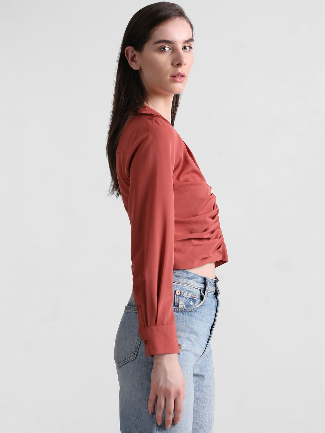 Brown Cropped Ruched Shirt