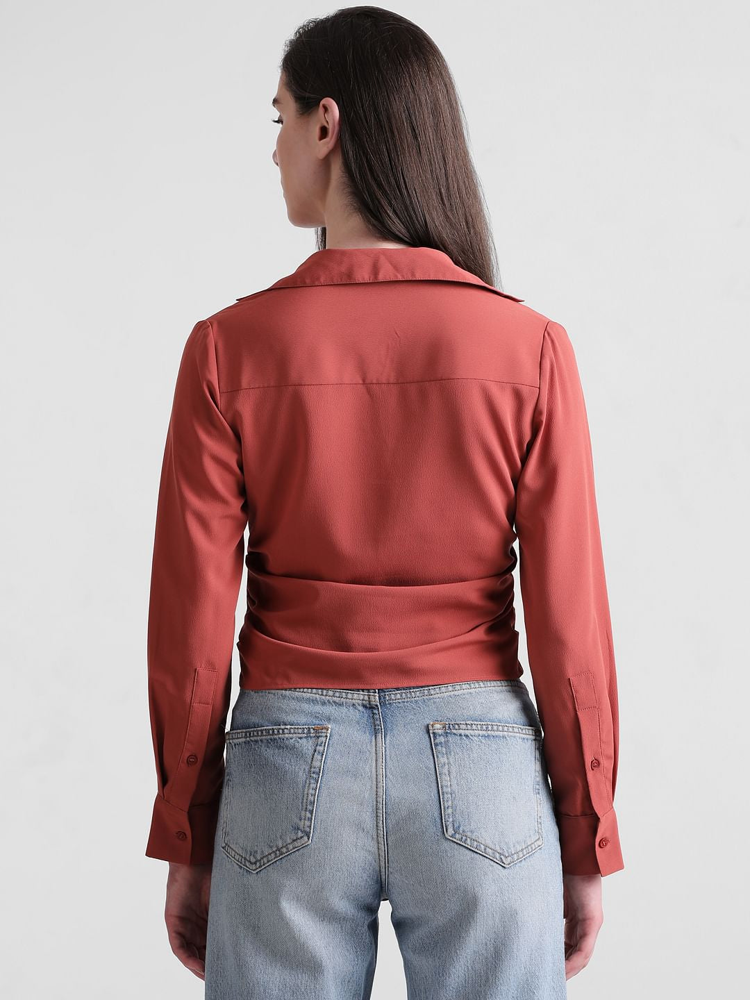 Brown Cropped Ruched Shirt