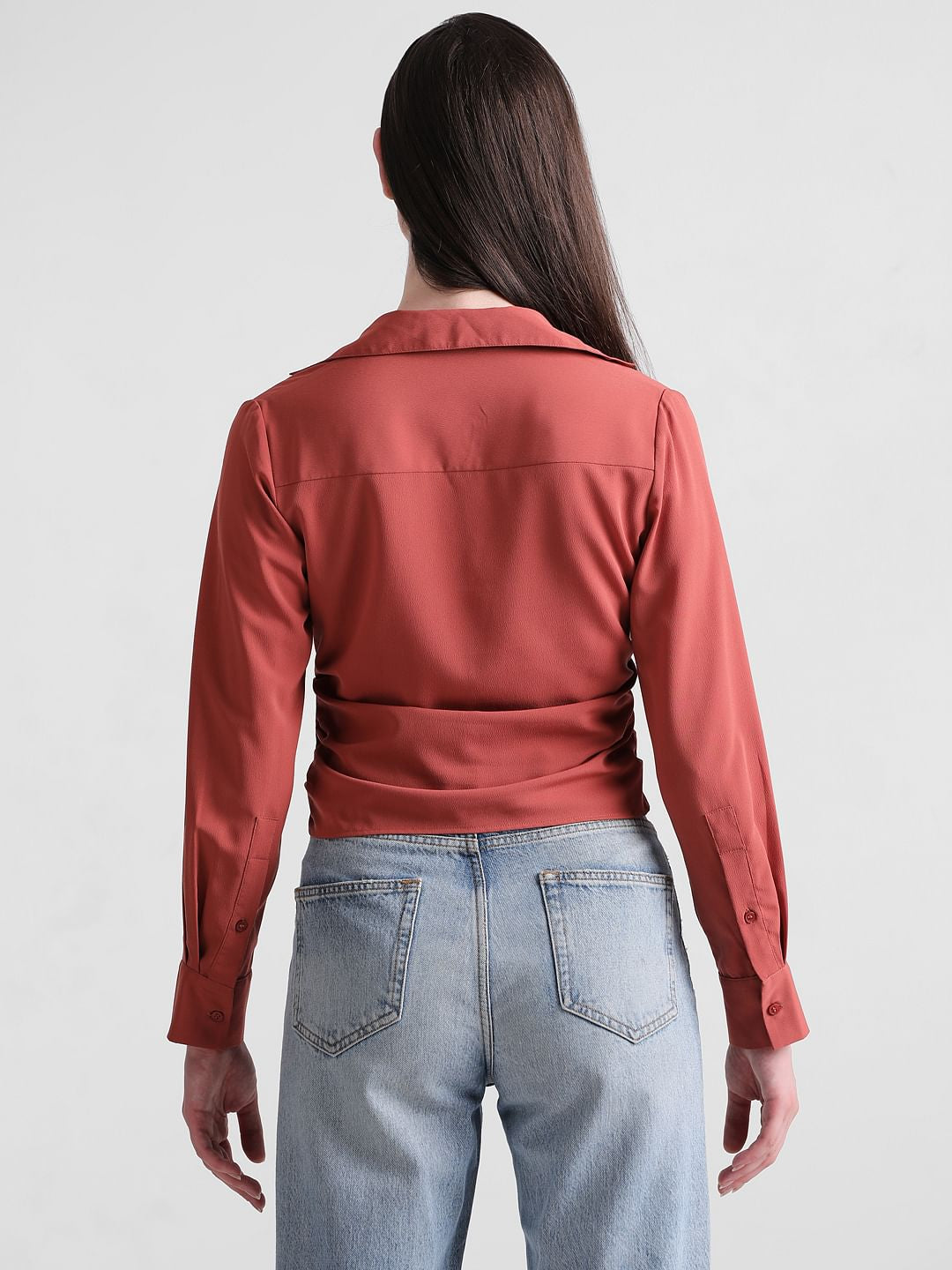 Brown Cropped Ruched Shirt