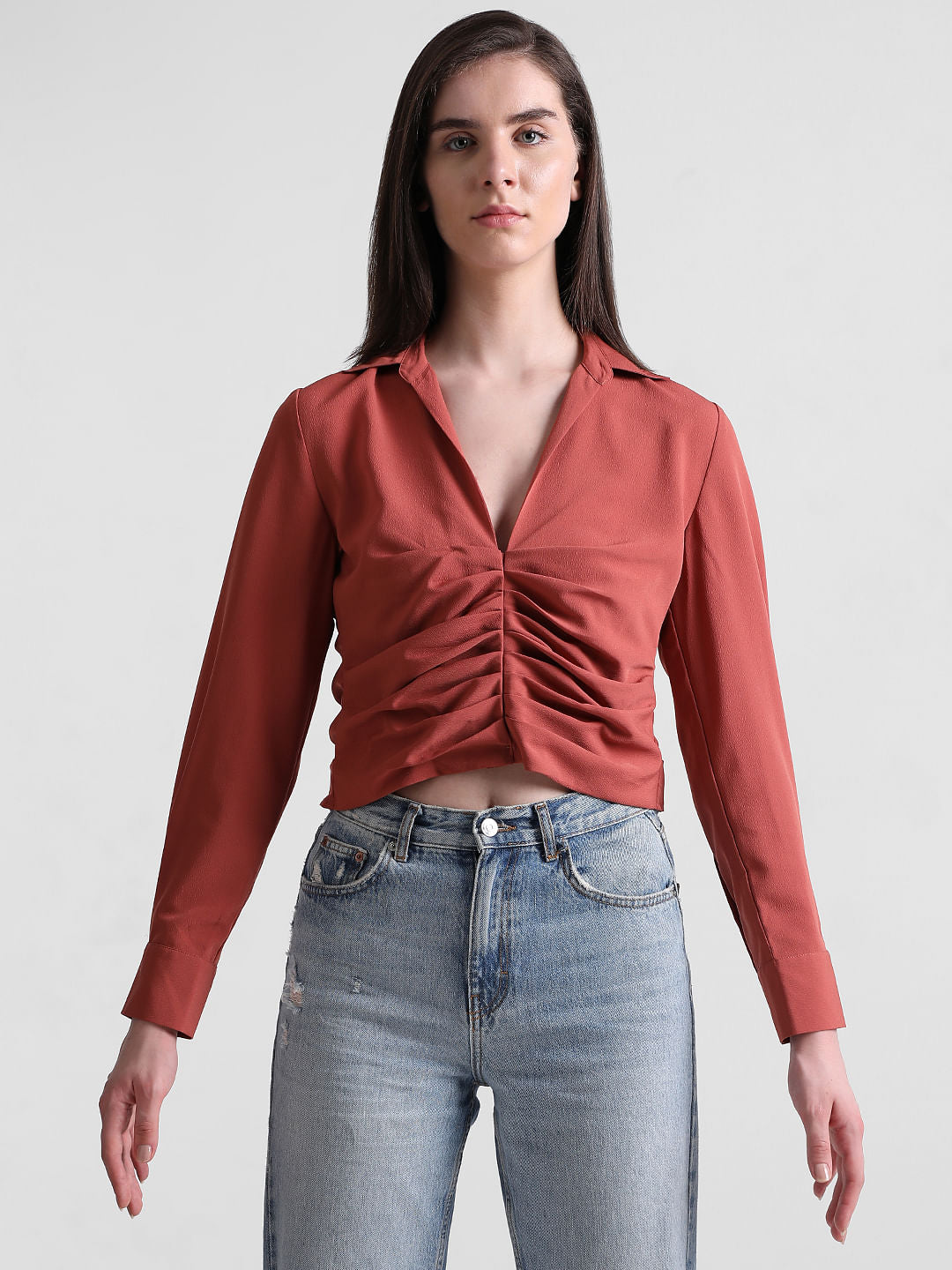 Brown Cropped Ruched Shirt