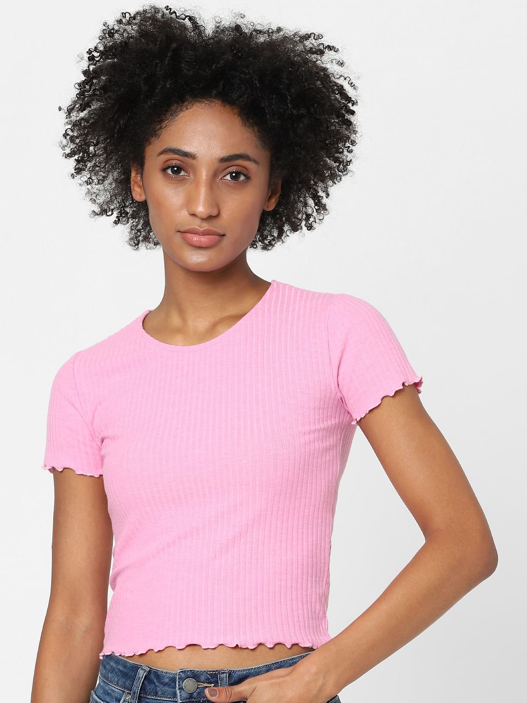 Pink Ribbed Cropped T-Shirt