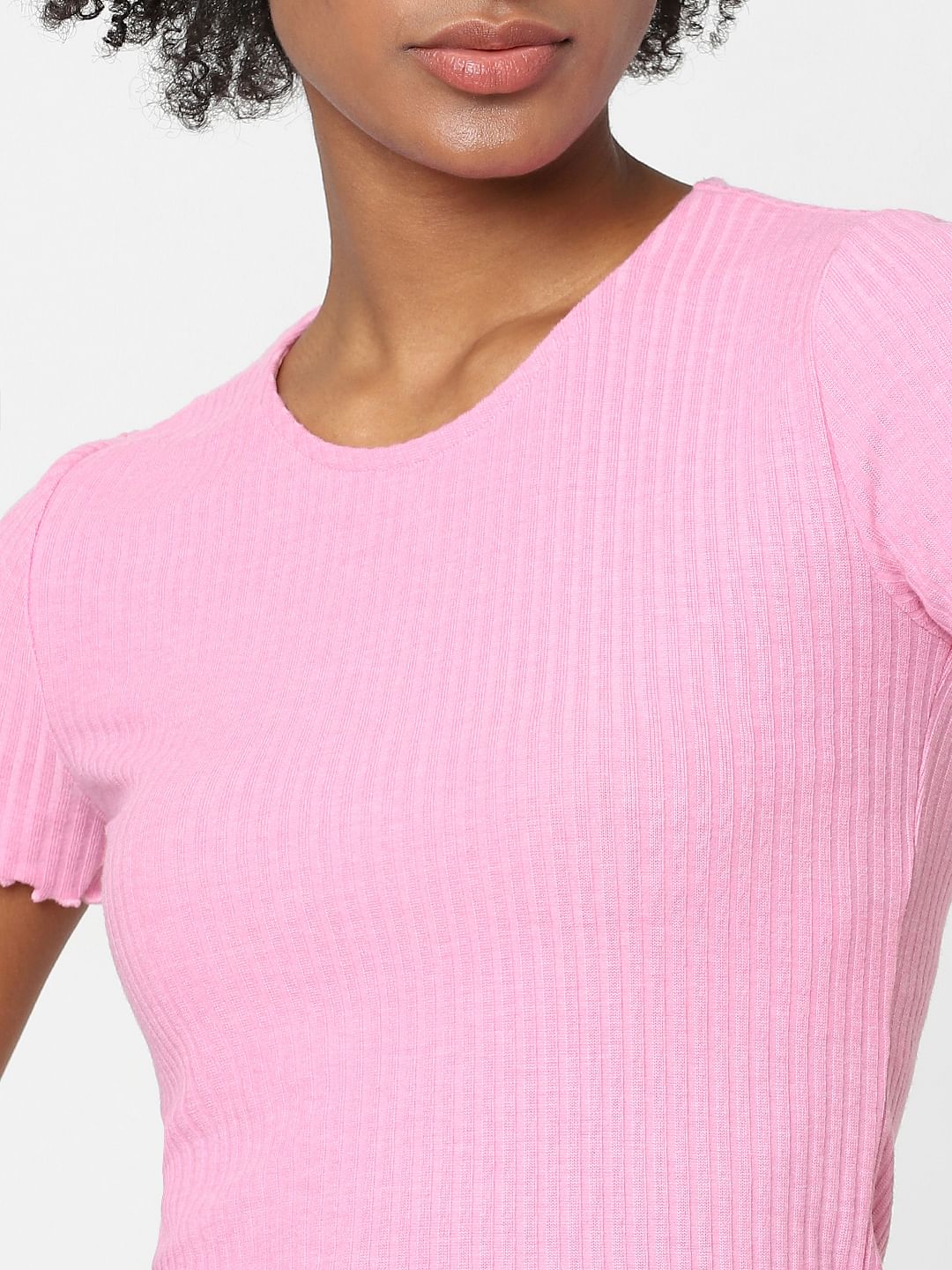 Pink Ribbed Cropped T-Shirt