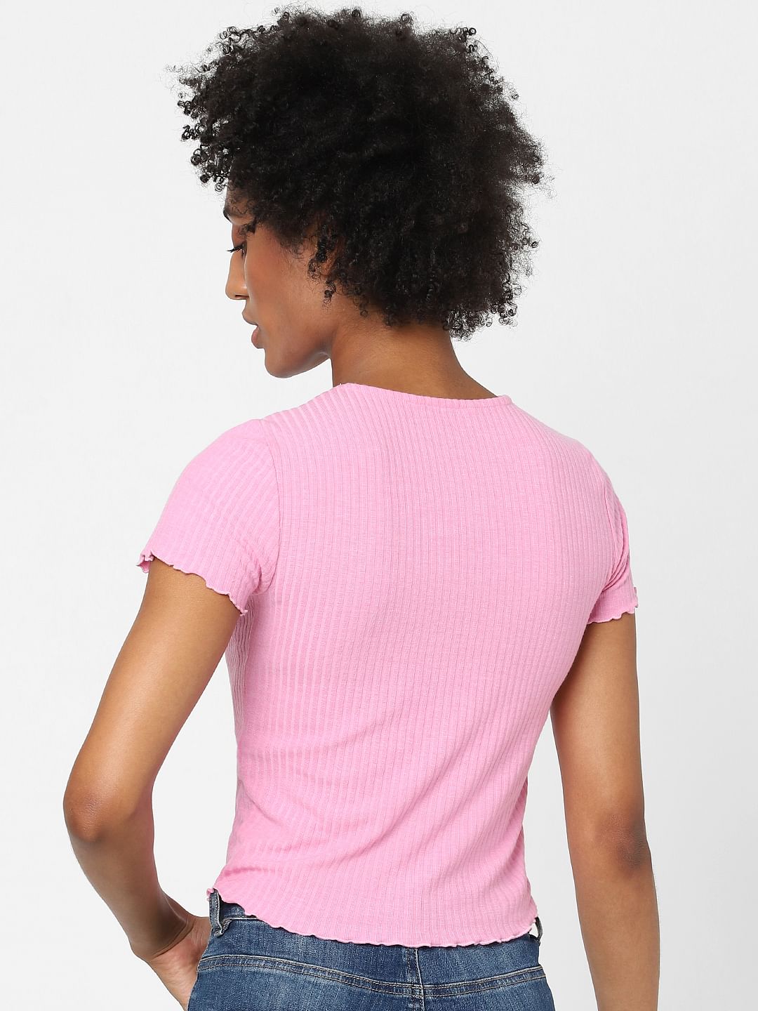 Pink Ribbed Cropped T-Shirt