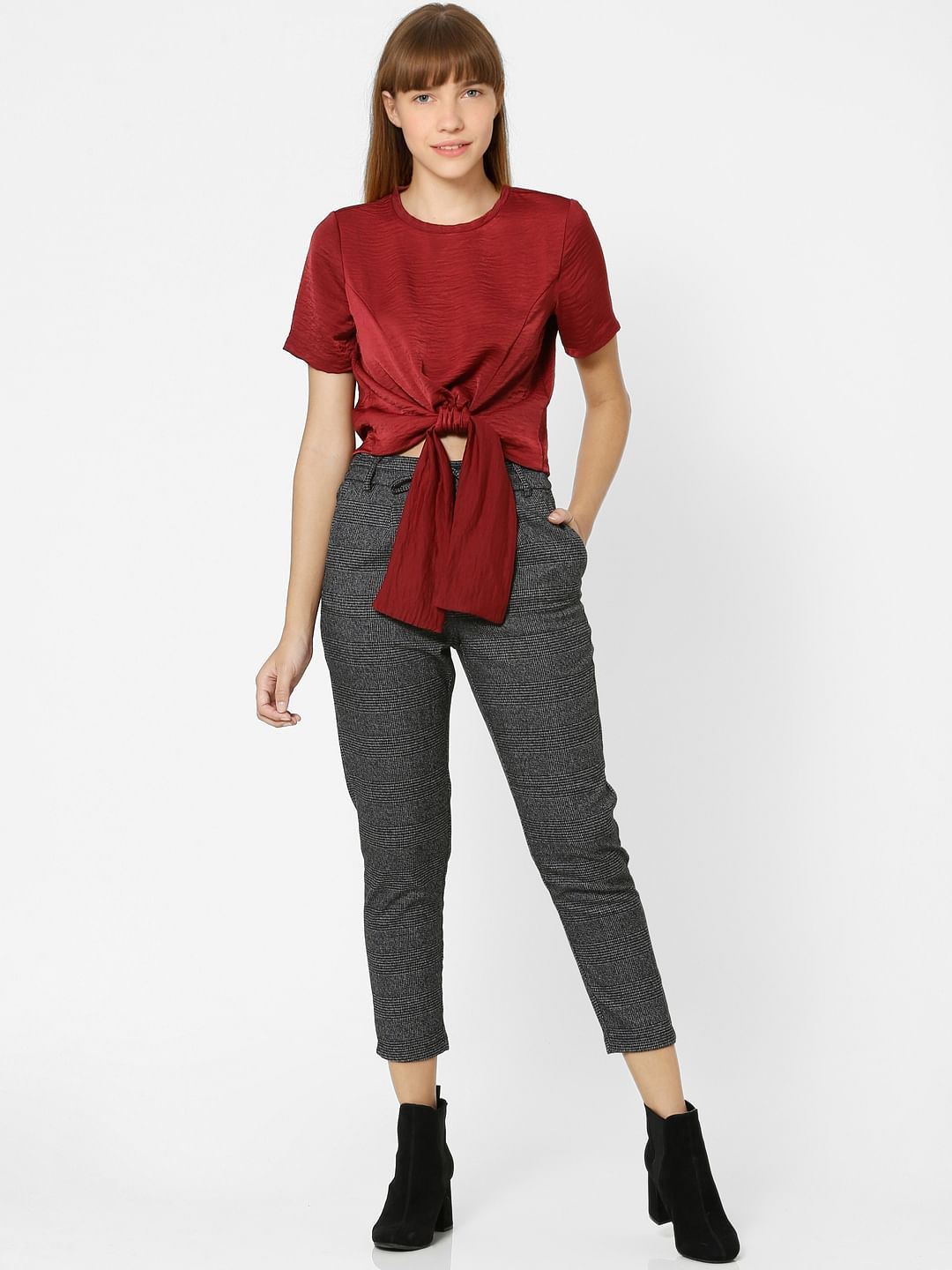 Black Mid Rise Check Pants