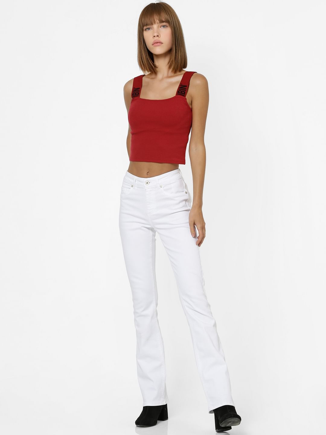 White Mid Rise Medium Flare Jeans