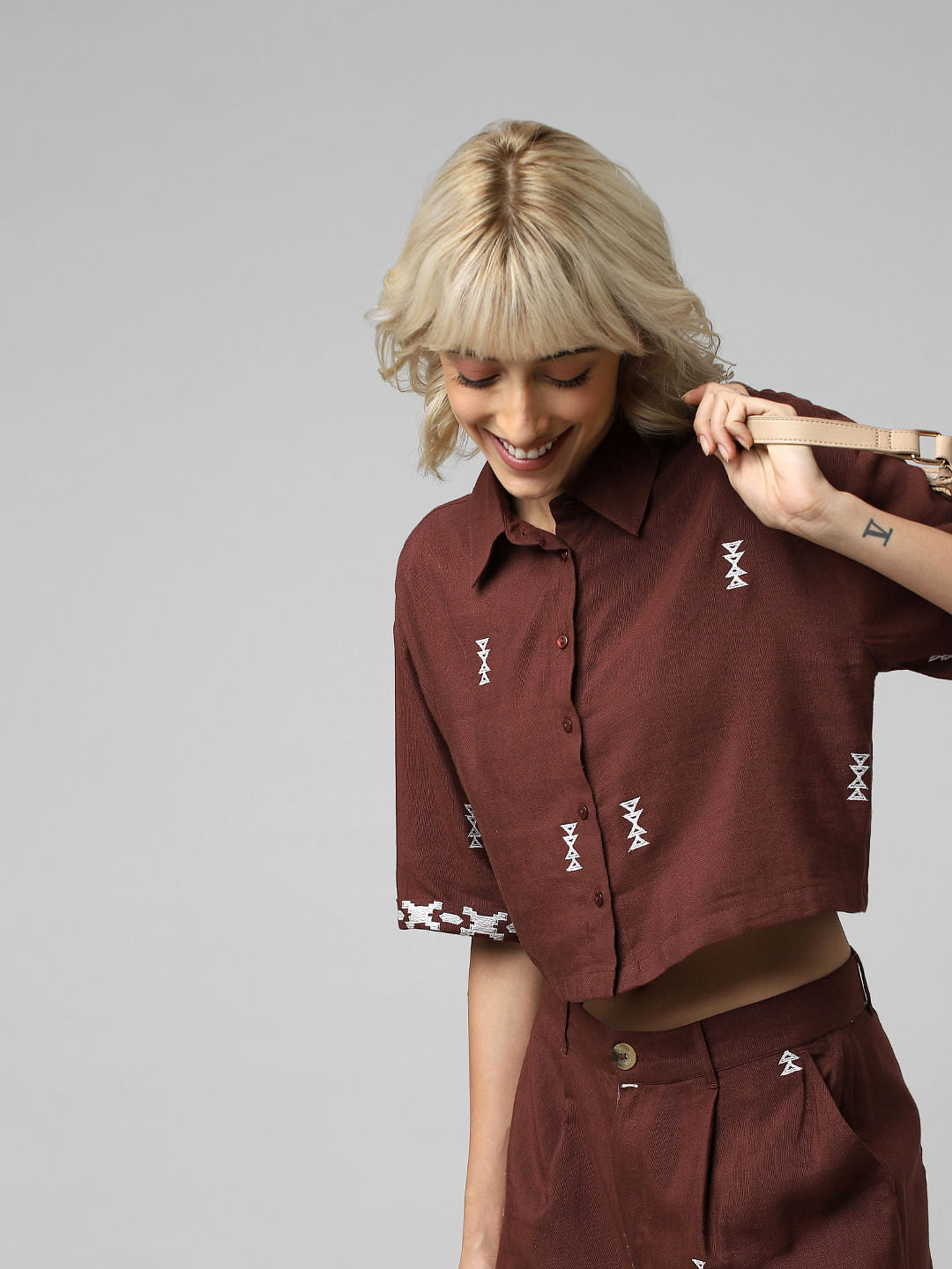 Brown Embroidered Crop Co-Ord Set Shirt