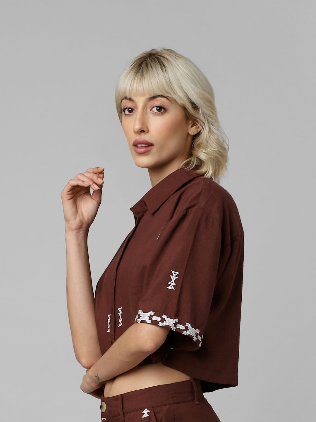 Brown Embroidered Crop Co-Ord Set Shirt