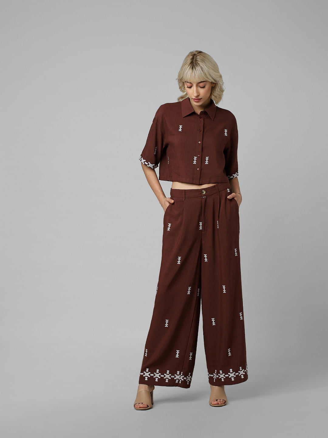 Brown Embroidered Crop Co-Ord Set Shirt