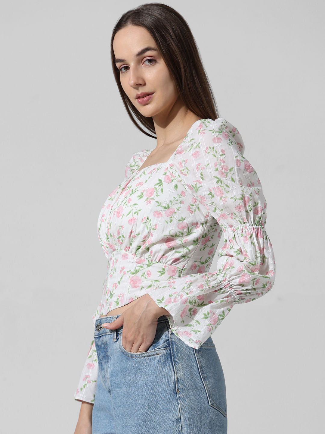 White Floral Smocked Top