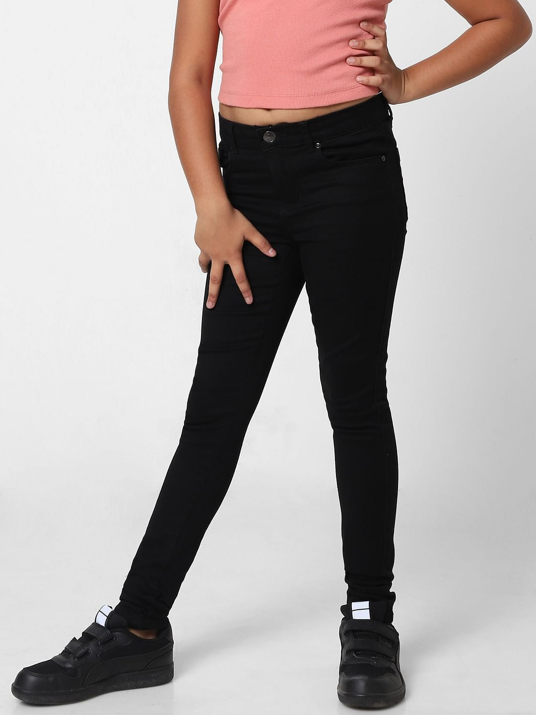 Girls Black Mid Rise Skinny Jeans