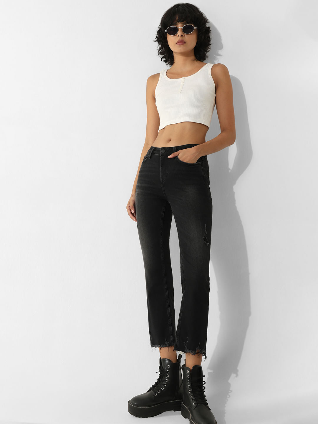 Black Mid Rise Distressed Flared Jeans