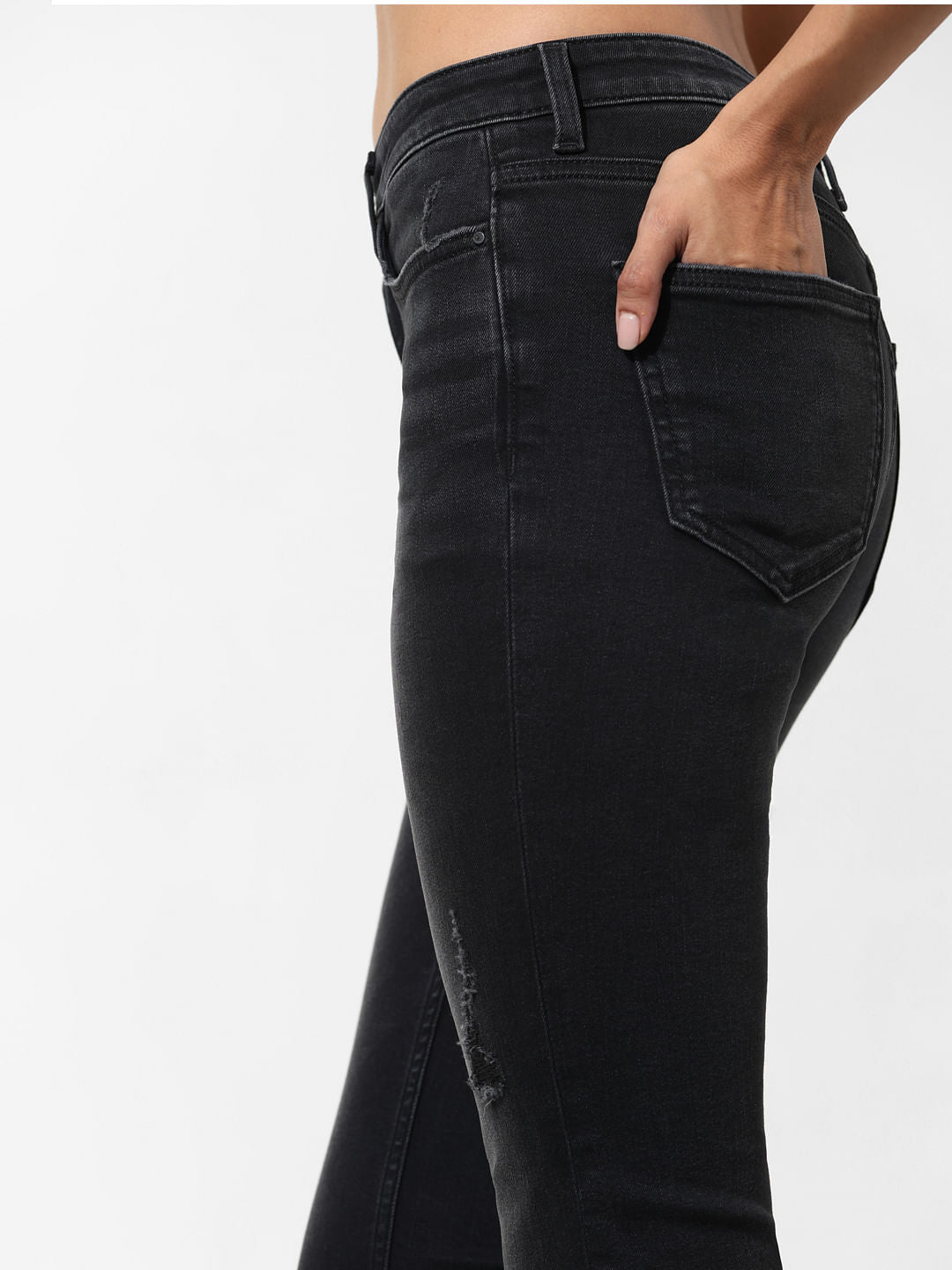 Black Mid Rise Distressed Flared Jeans