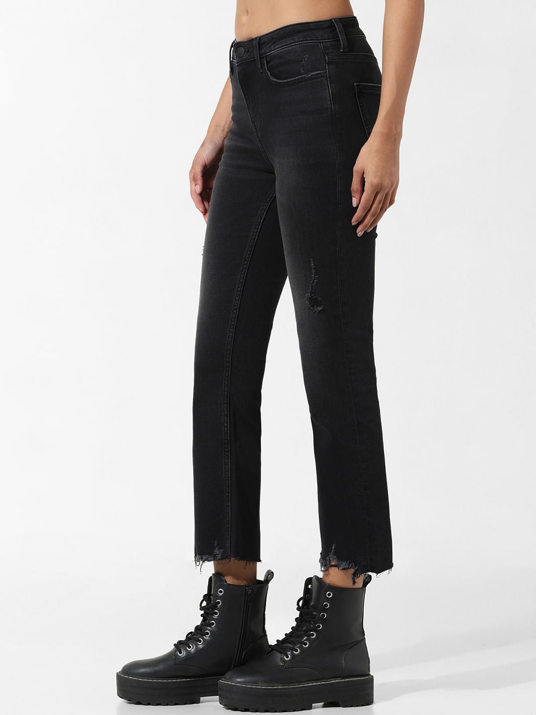 Black Mid Rise Distressed Flared Jeans