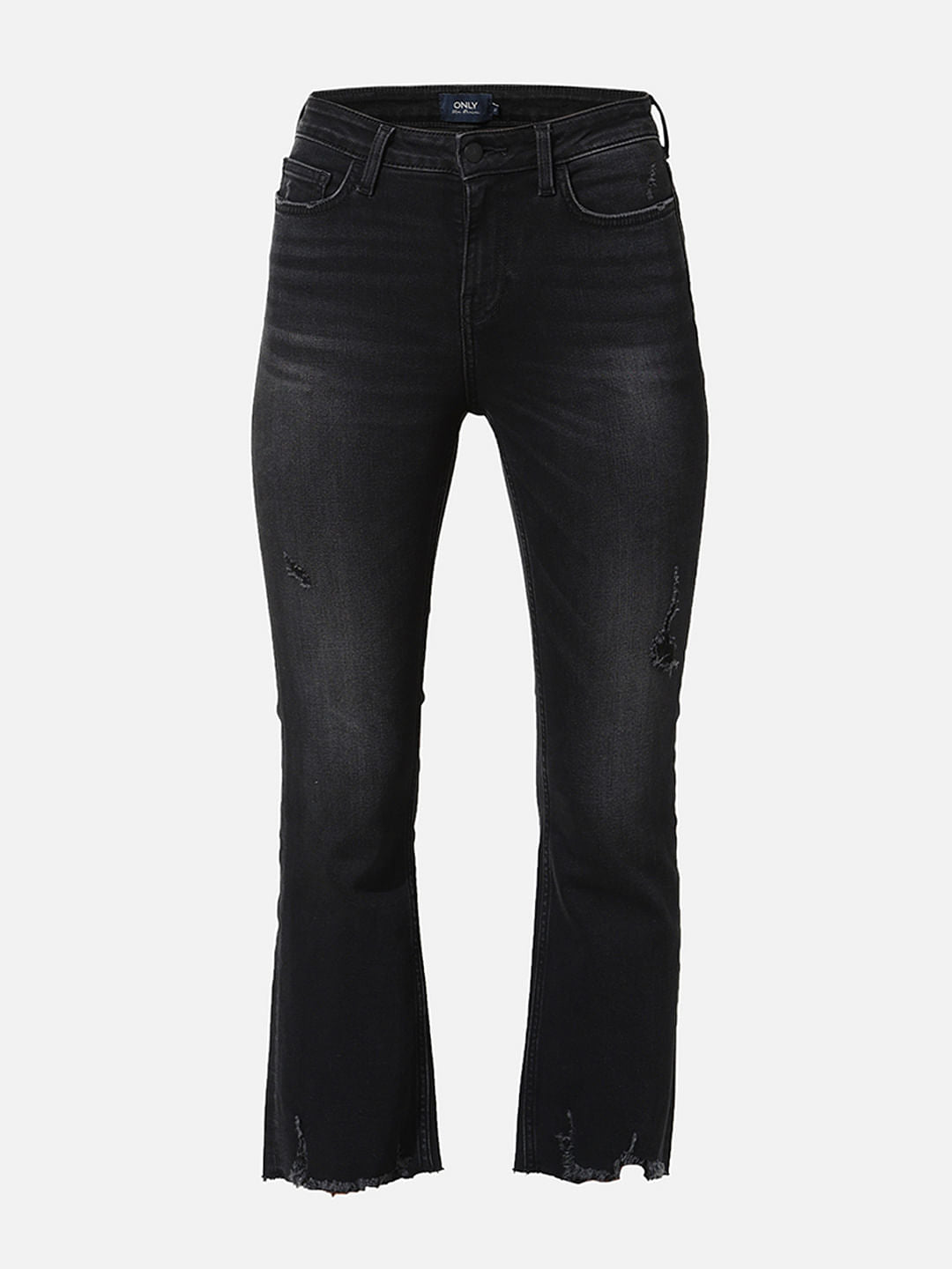 Flare Jeans Capri Jeans With Frayed Hem Black Mid Rise Distressed - Main Image