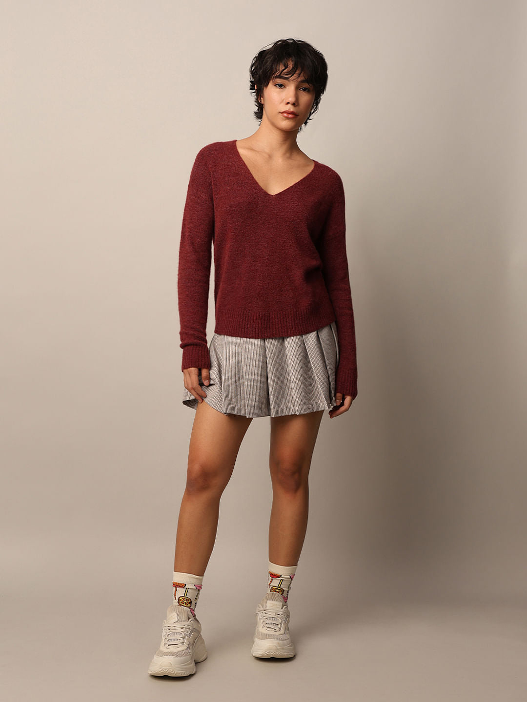 Burgundy Fuzzy V-Neck Pullover