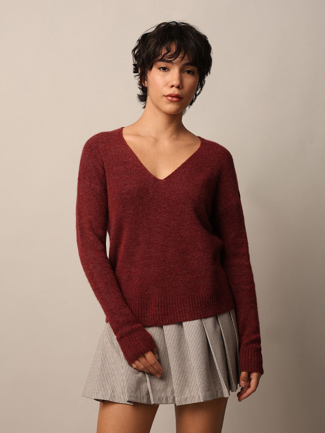 Burgundy Fuzzy V-Neck Pullover