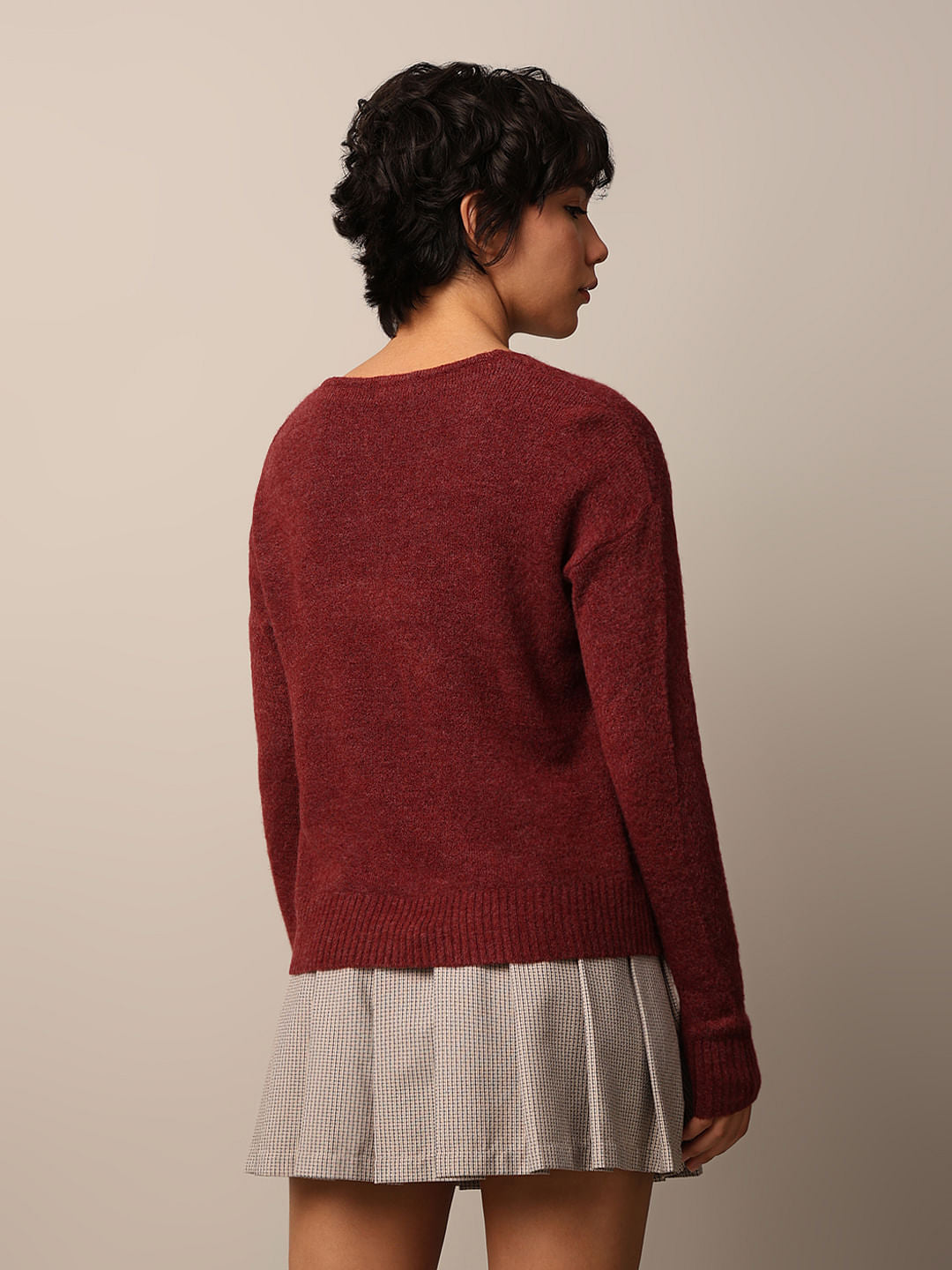 Burgundy Fuzzy V-Neck Pullover