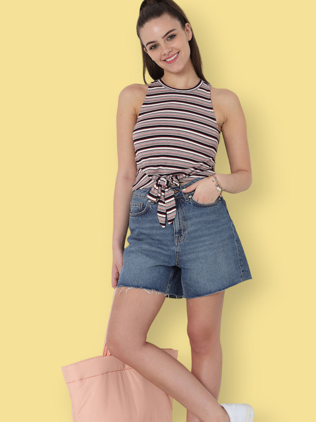 White & Blue Striped Tie Up Top