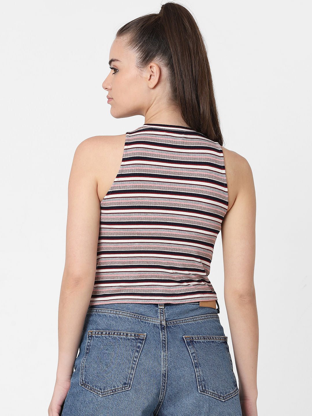 White & Blue Striped Tie Up Top