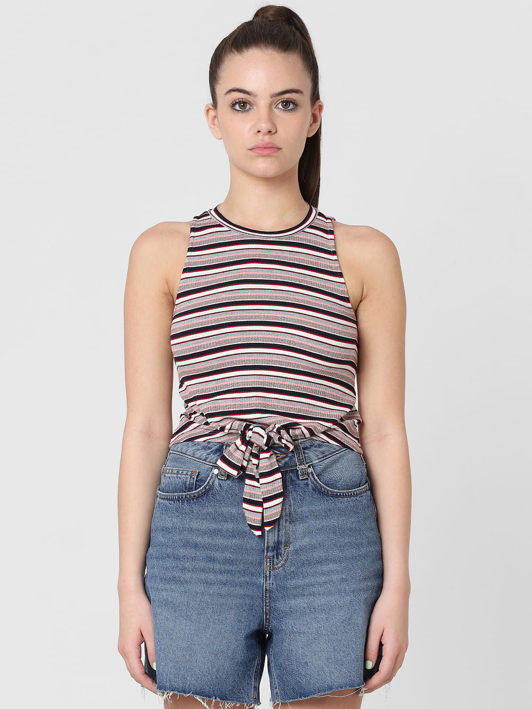 White & Blue Striped Tie Up Top