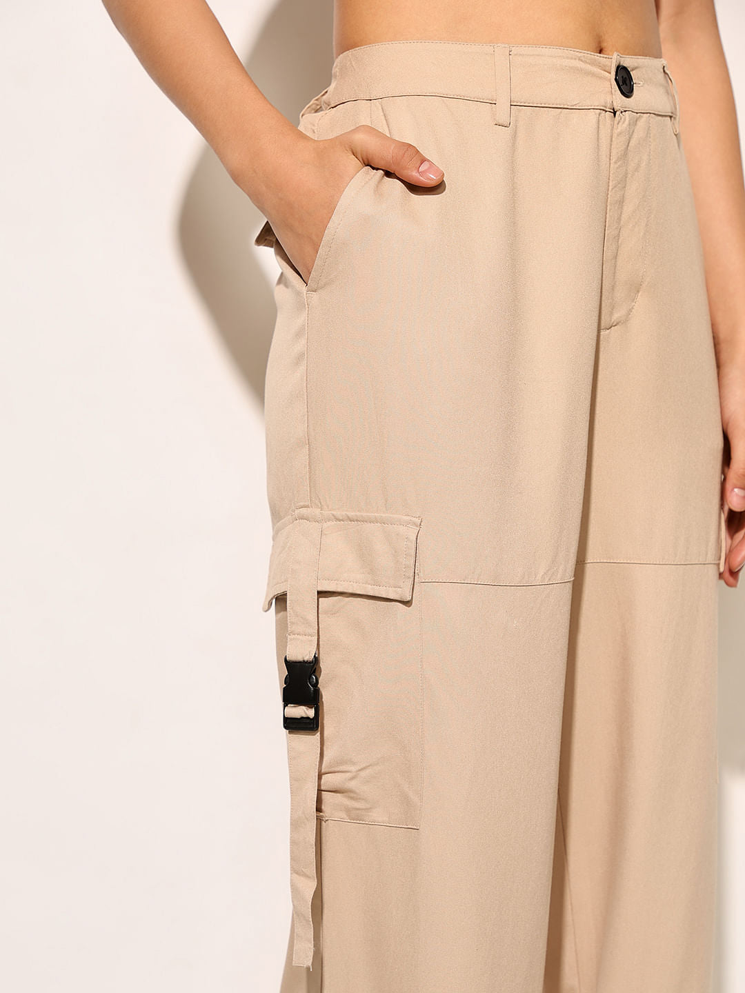 Beige High Rise Twill Cargo Pants