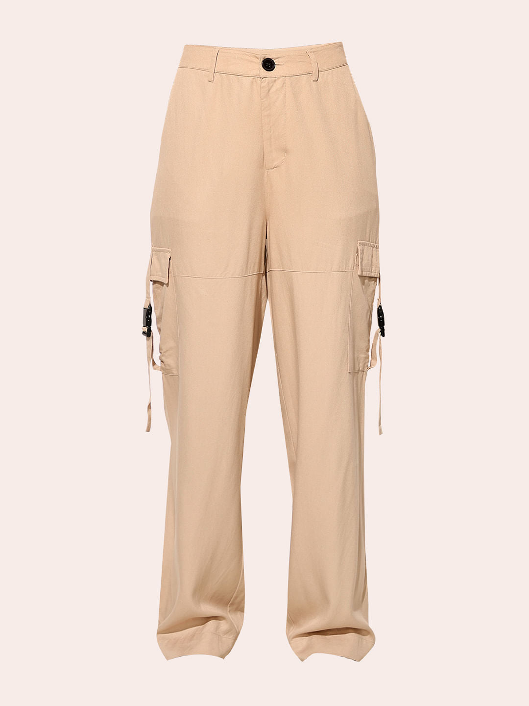 Beige High Rise Twill Cargo Pants
