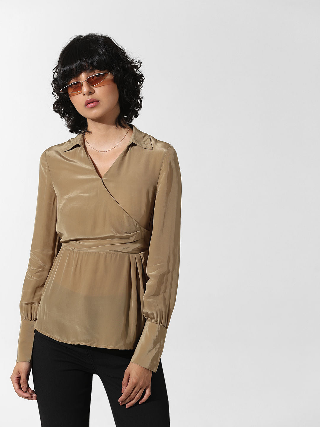 Olive-Beige Mock Wrap Shirt