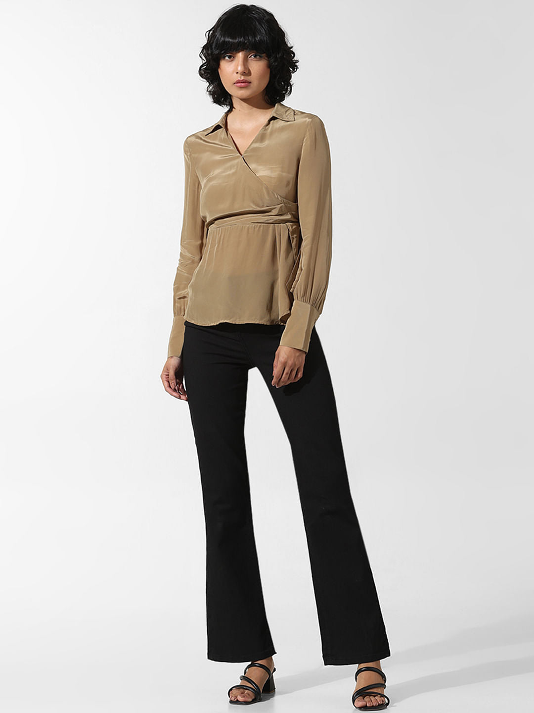 Olive-Beige Mock Wrap Shirt