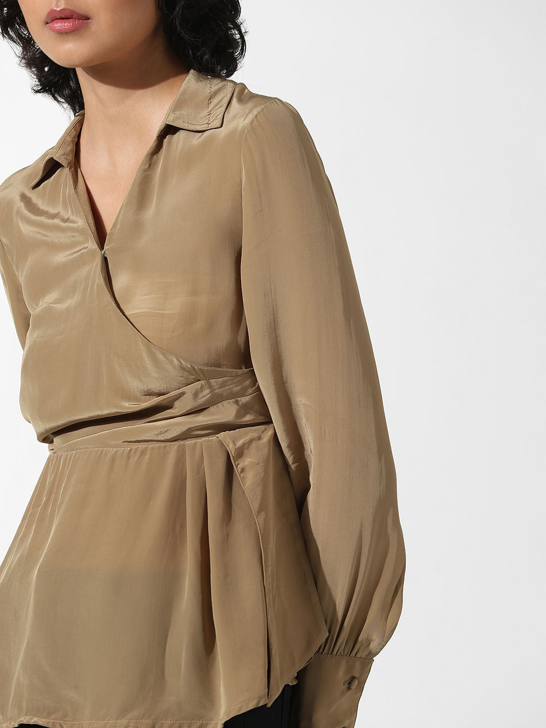 Olive-Beige Mock Wrap Shirt