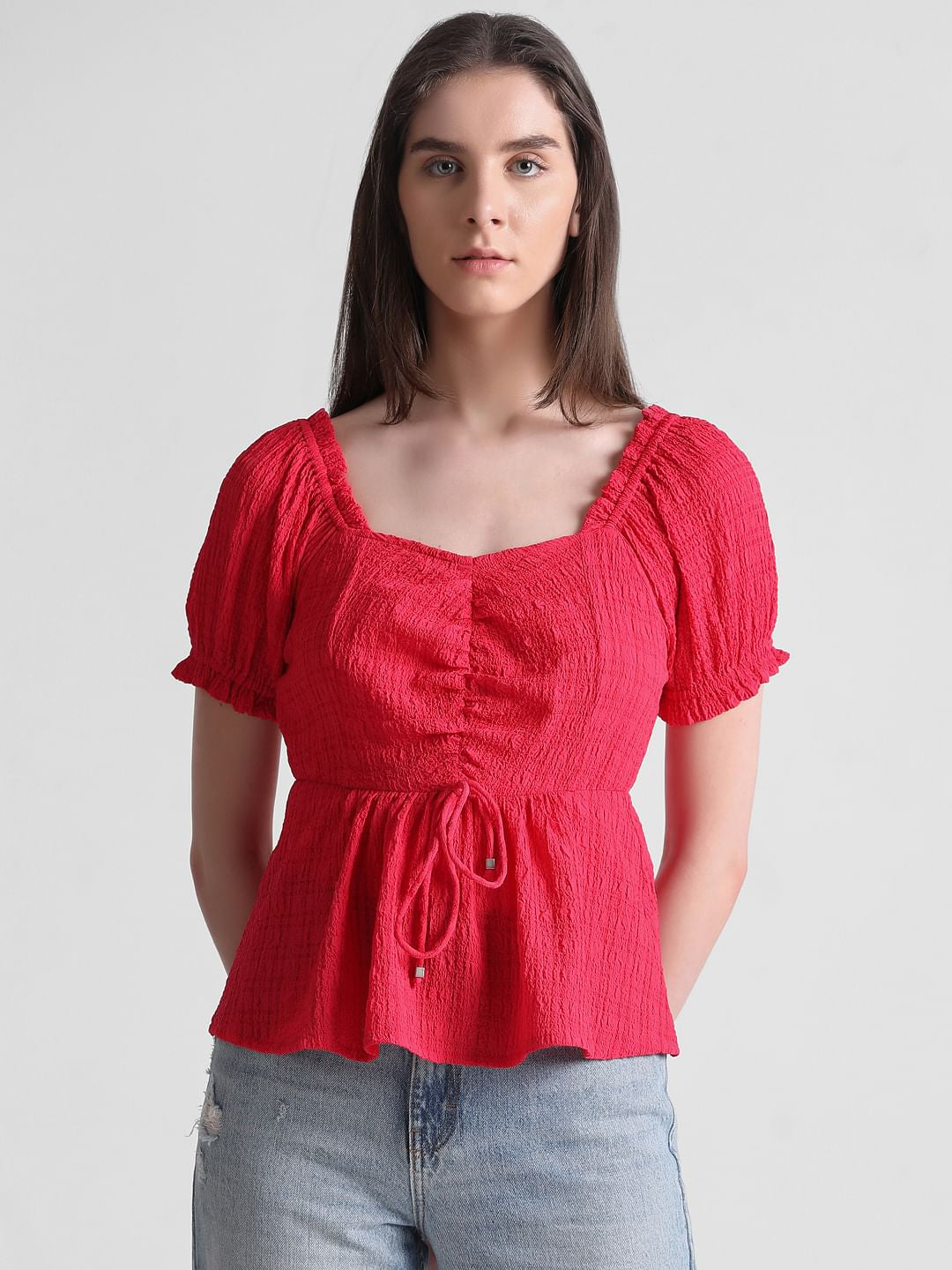 Red Textured Peplum Top