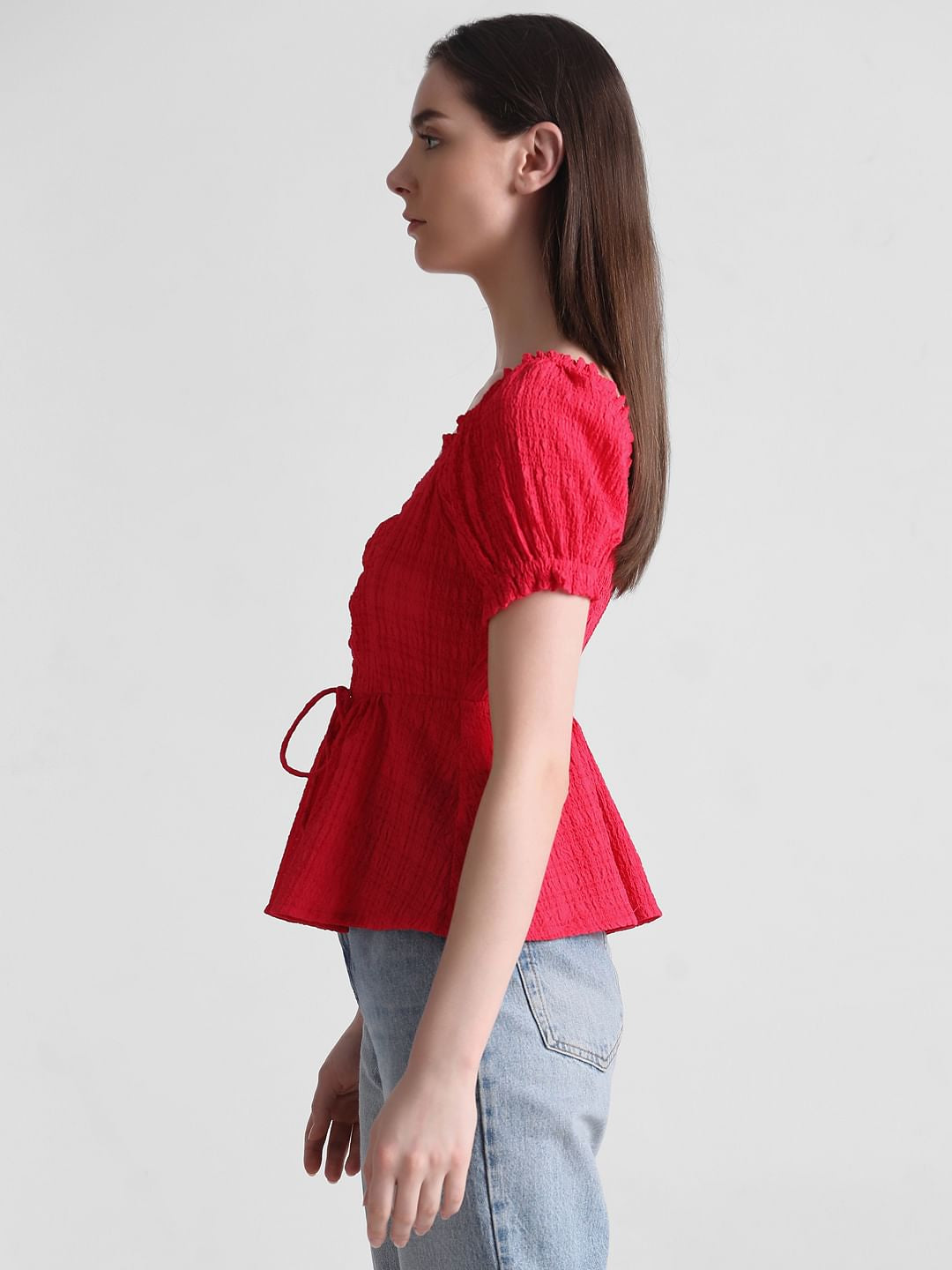 Red Textured Peplum Top