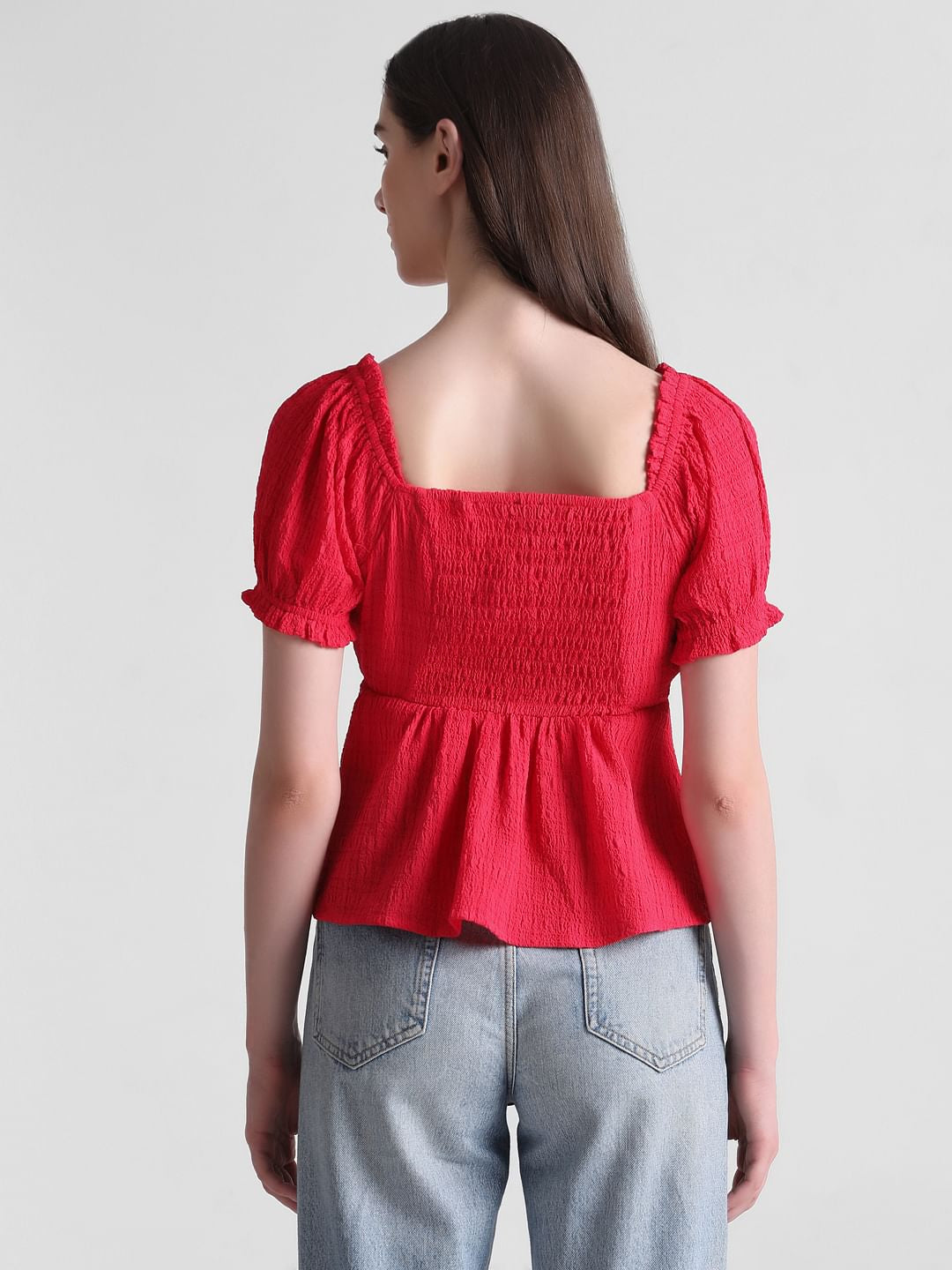 Red Textured Peplum Top