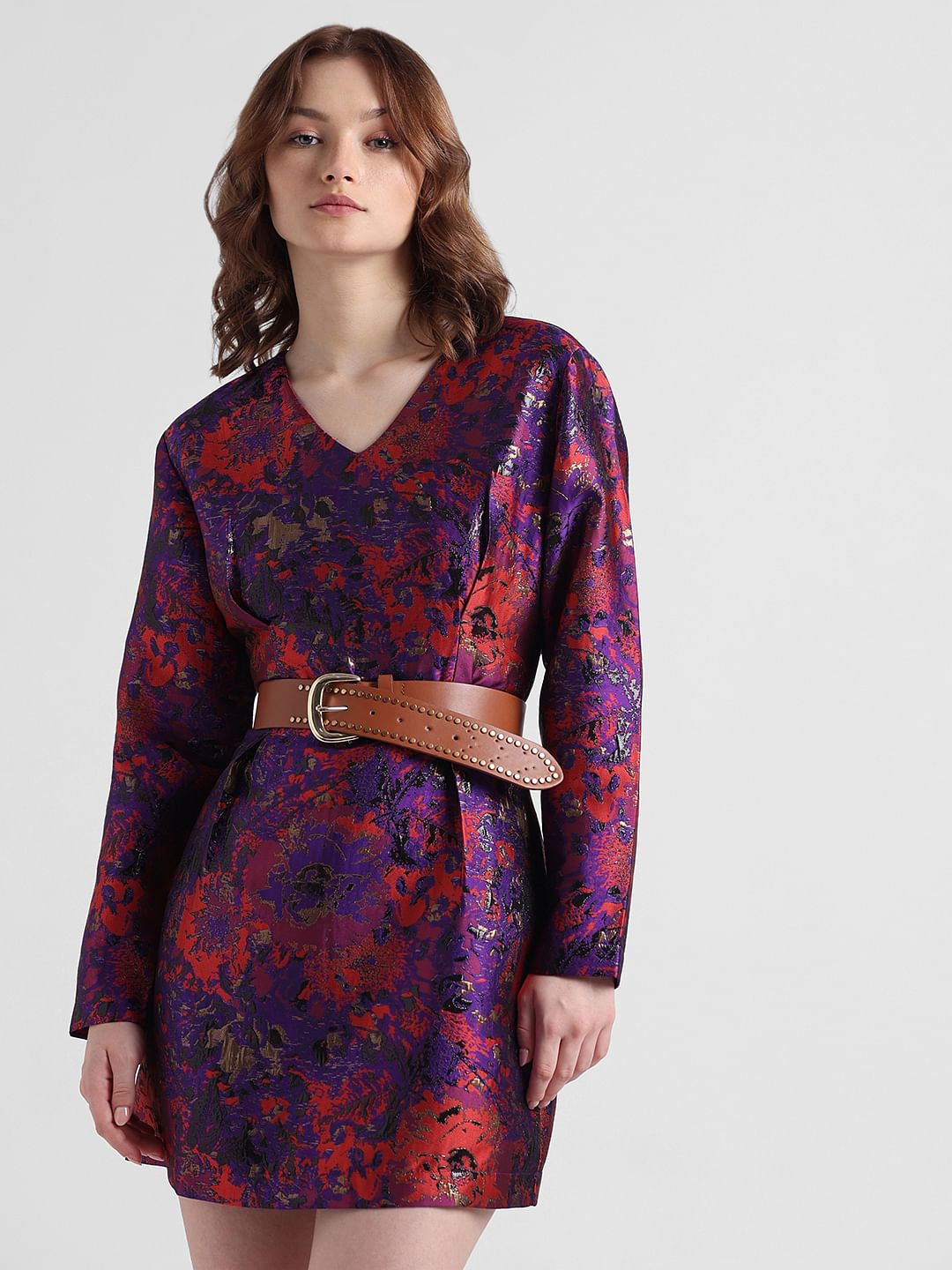 Purple Jacquard Textured Mini Dress