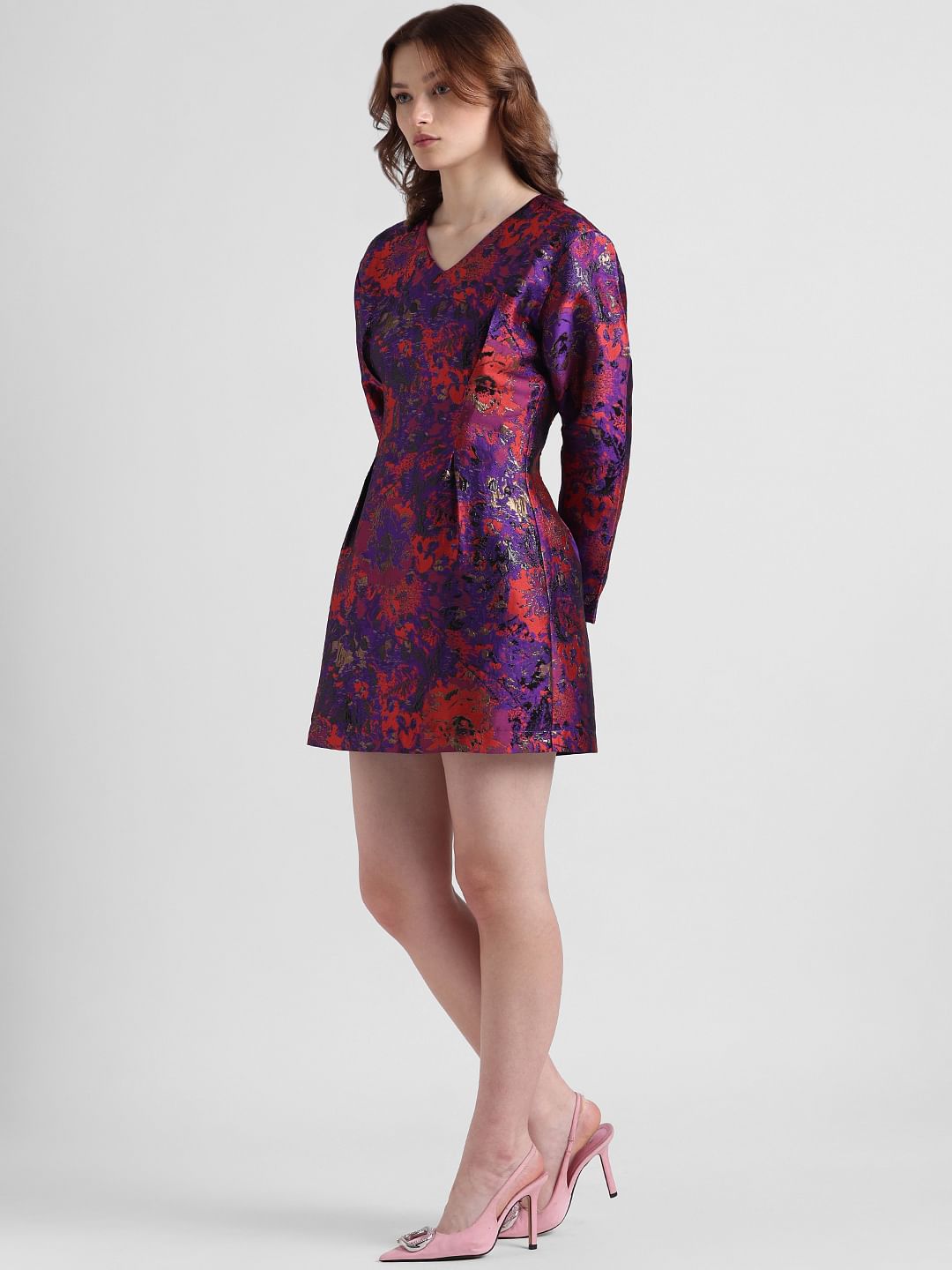 Purple Jacquard Textured Mini Dress