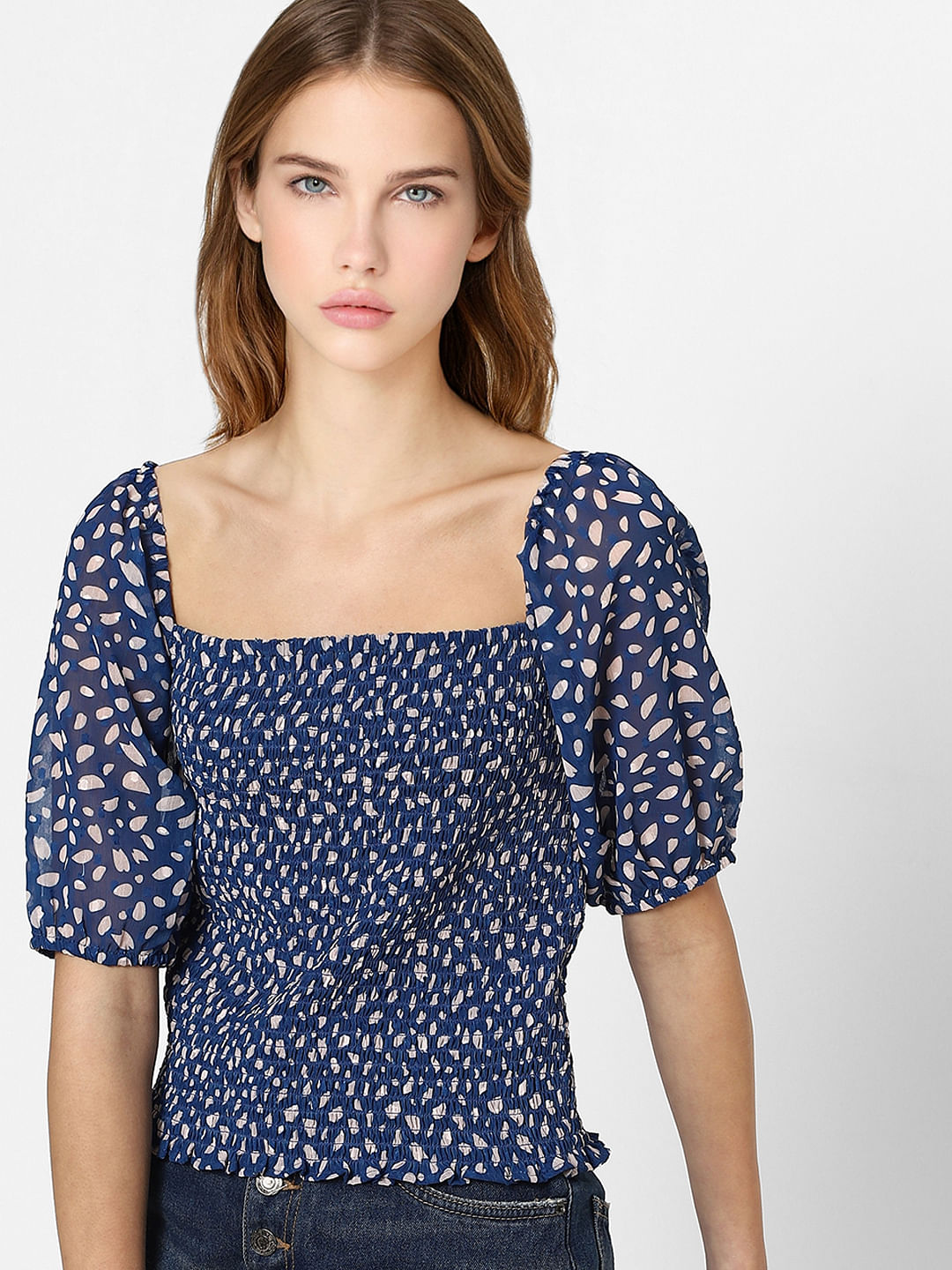 Blue Printed Smocked Top