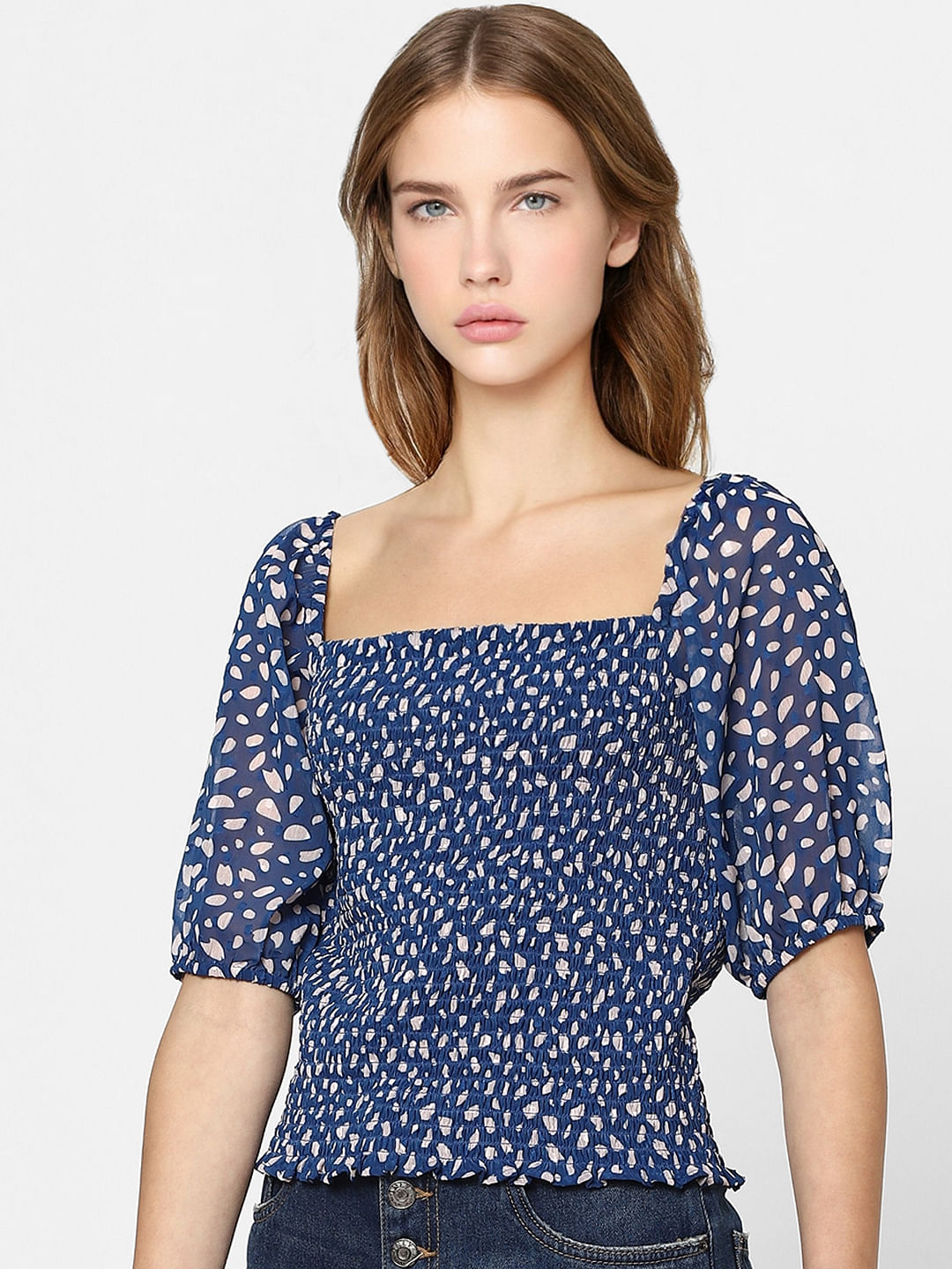 Blue Printed Smocked Top