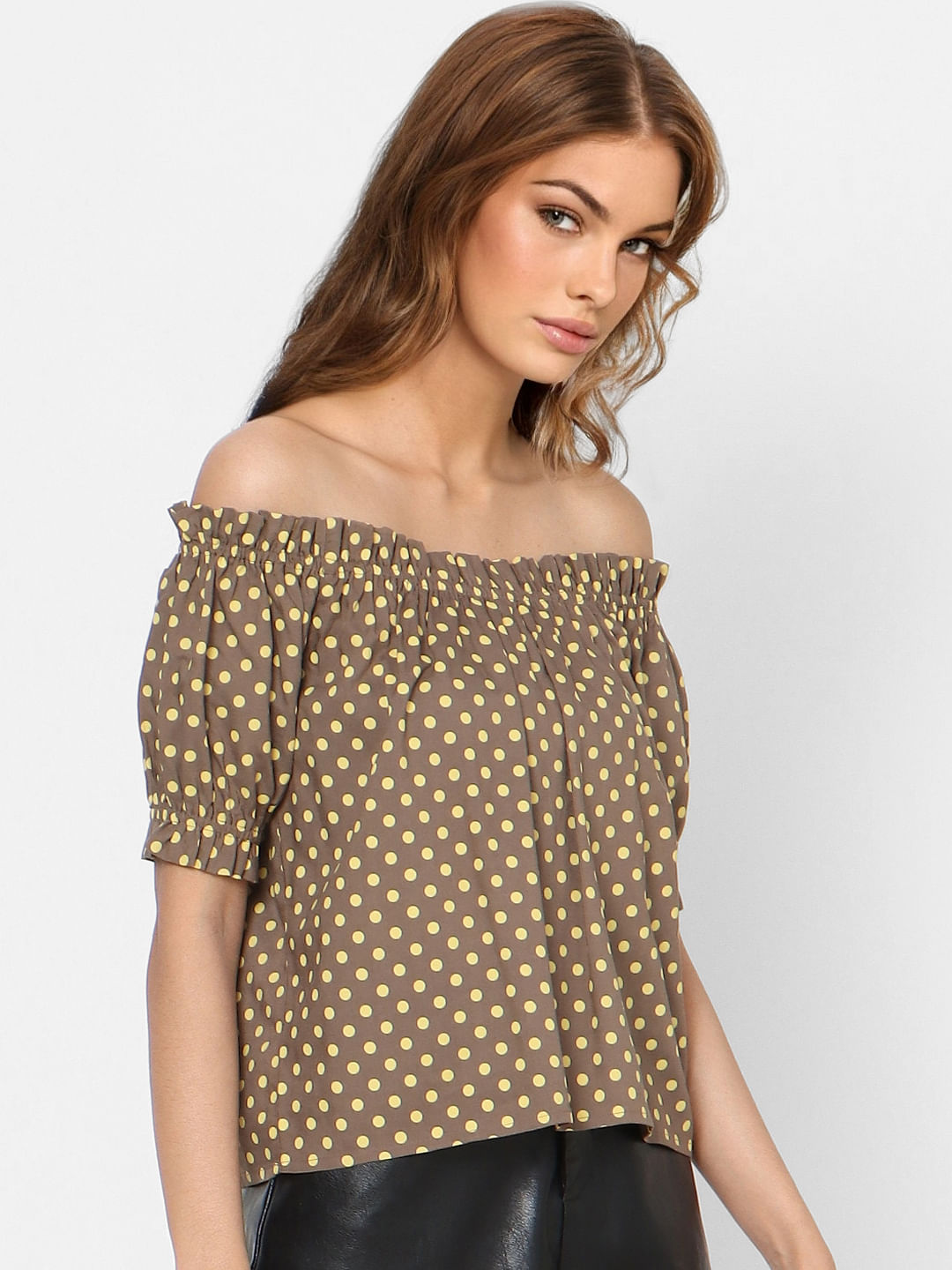 Green Off Shoulder Polka Dotted Top
