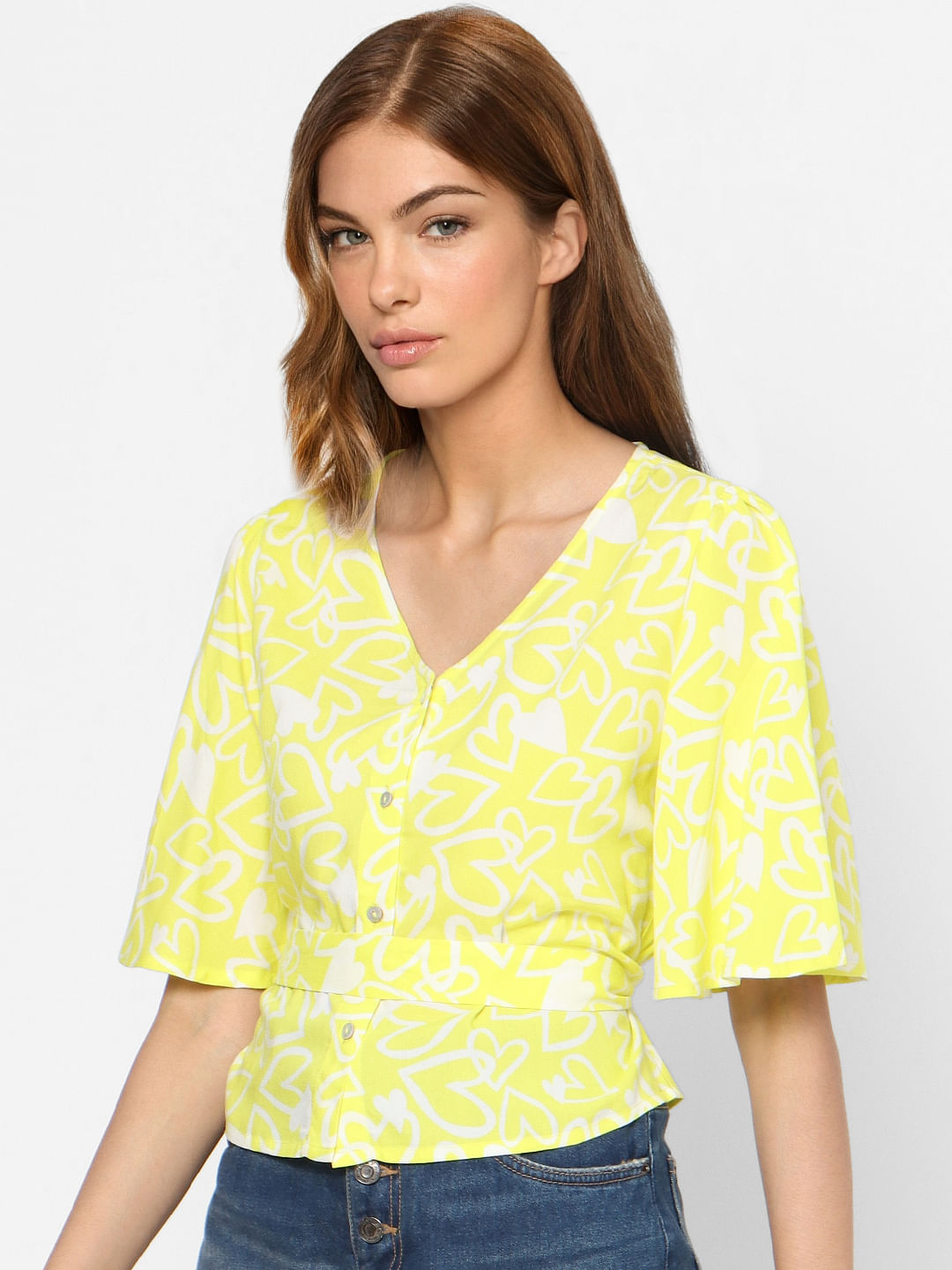 Yellow Printed V Neck Top