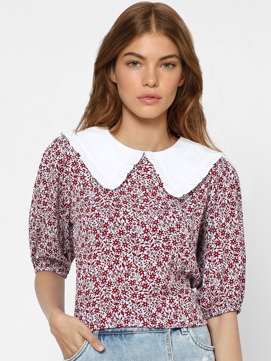 White Floral Peter Pan Collar Top