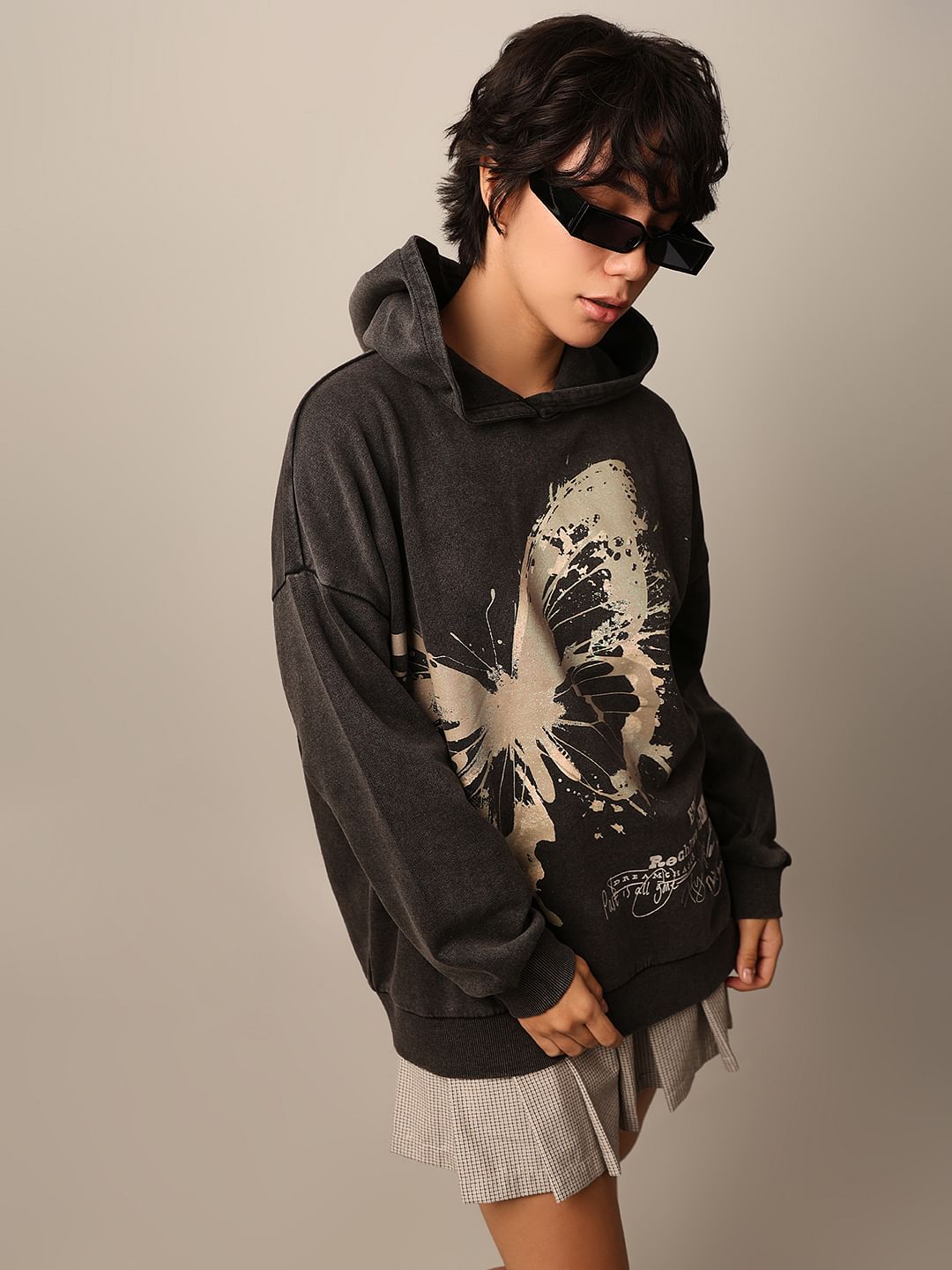 Black Printed Oversized Hoodie - XS