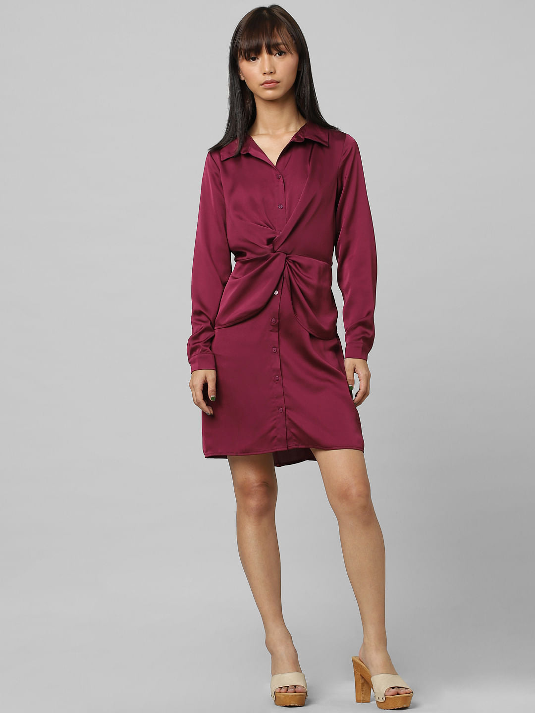 Dark Purple Satin Shirt Dress