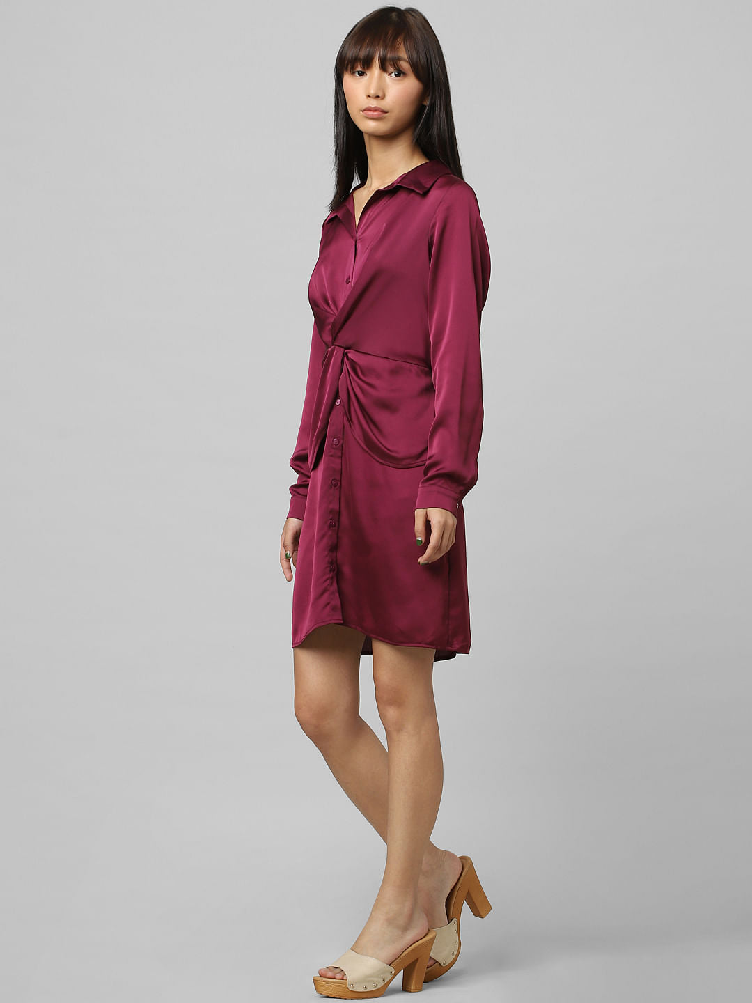 Dark Purple Satin Shirt Dress