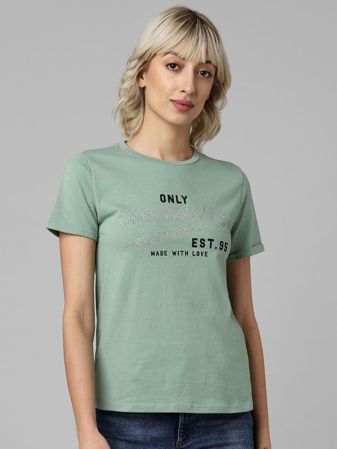 Green Embellished Text Print T-Shirt